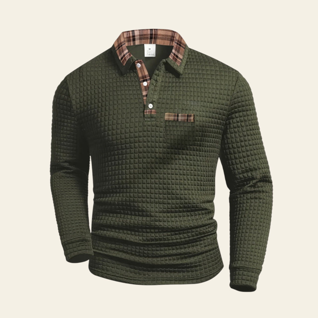 Men's textured long sleeve shirt with plaid collar- Green color