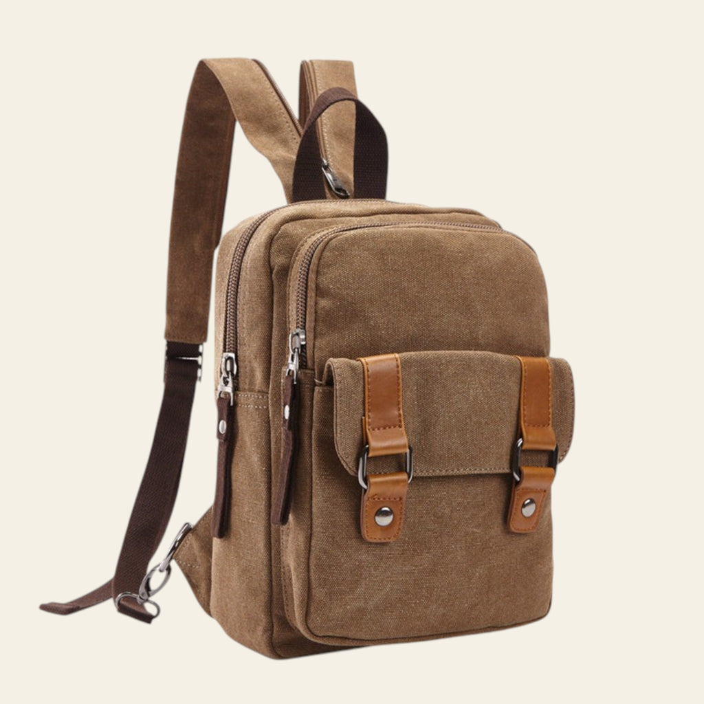 Brown backpack with leather straps on a white background
