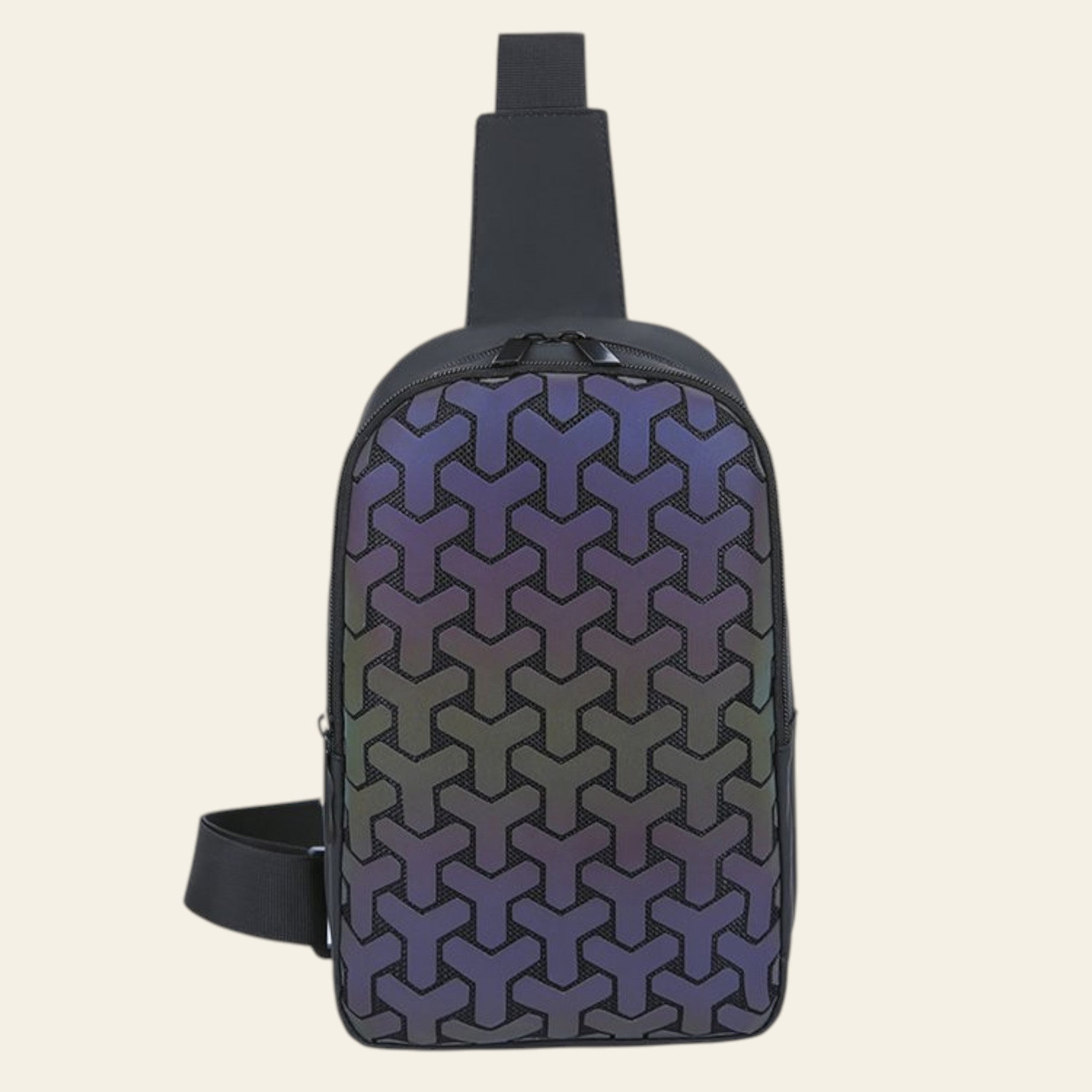 Sling bag with geometric pattern on a white background