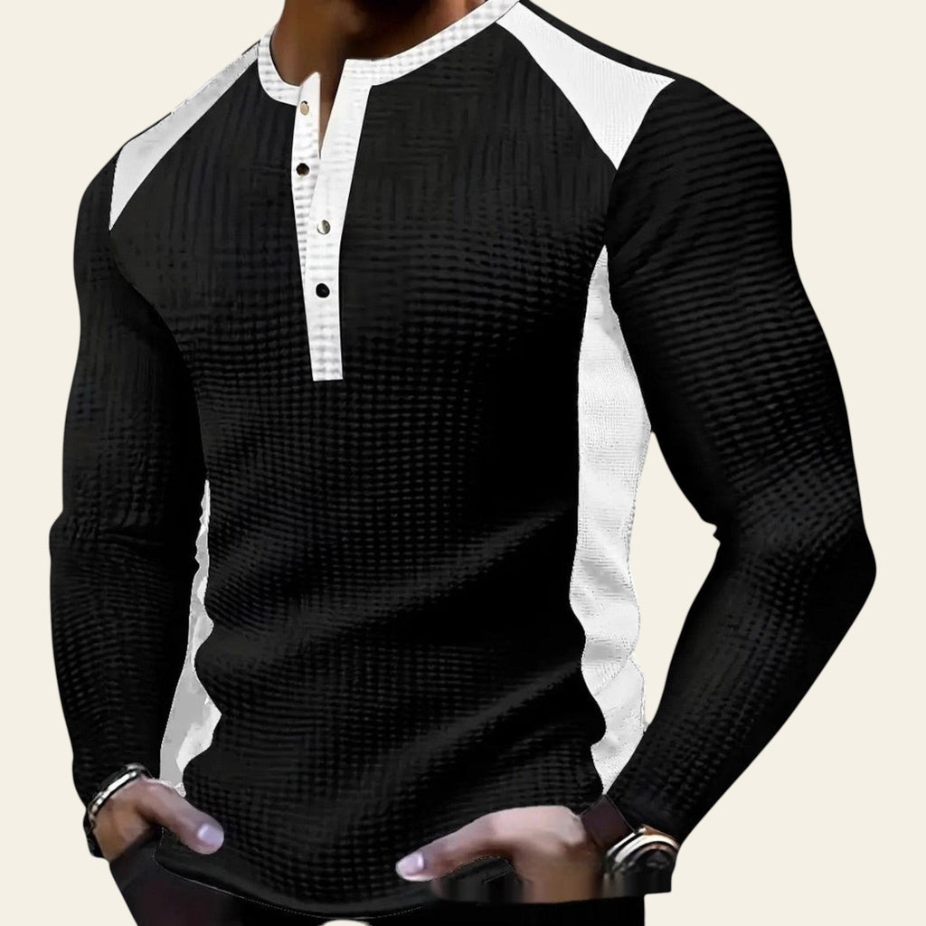 Men's patchwork jacquard sweatshirt in black- long sleeve, relaxed fit