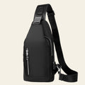 Black sling bag with a strap on a white background
