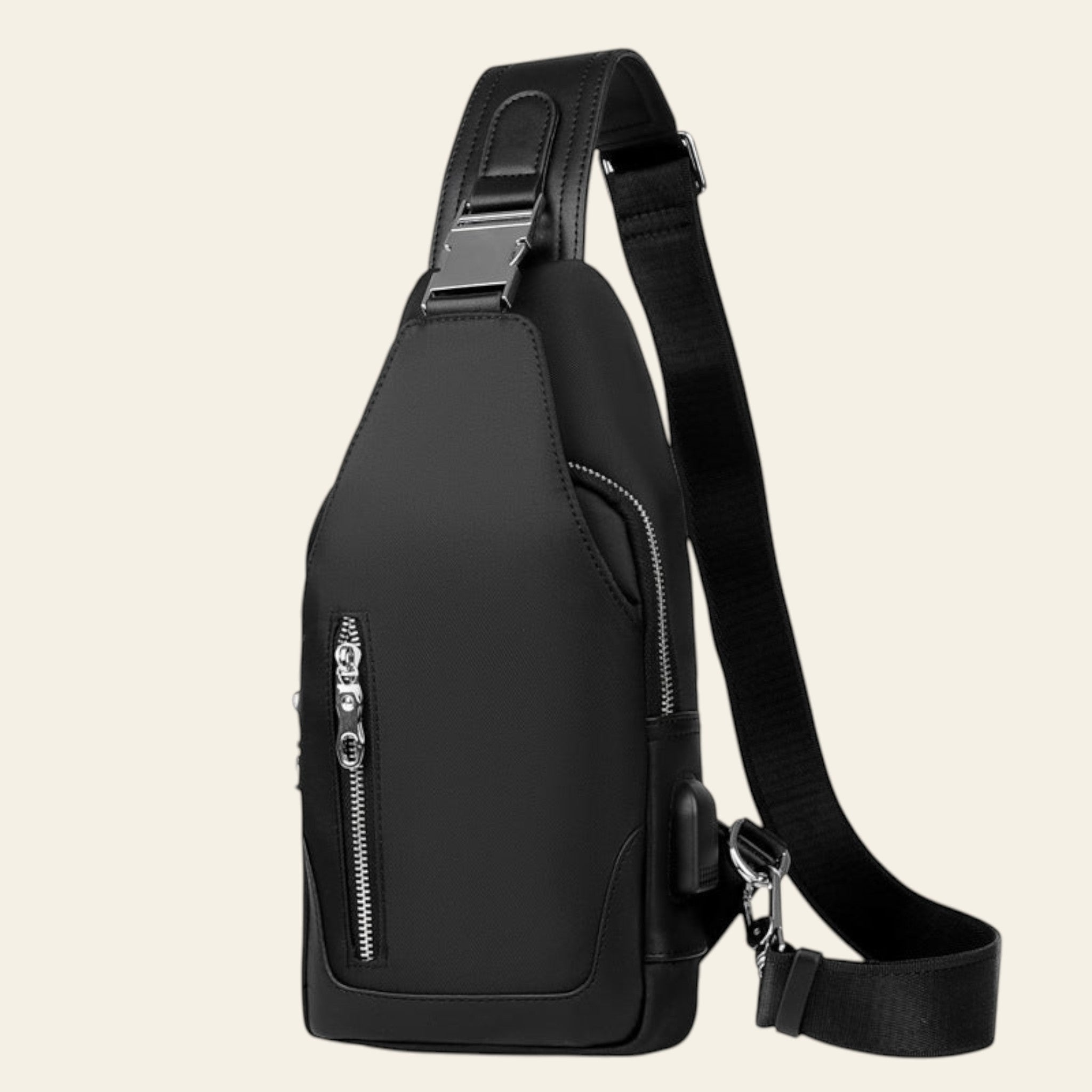 Black sling bag with a strap on a white background