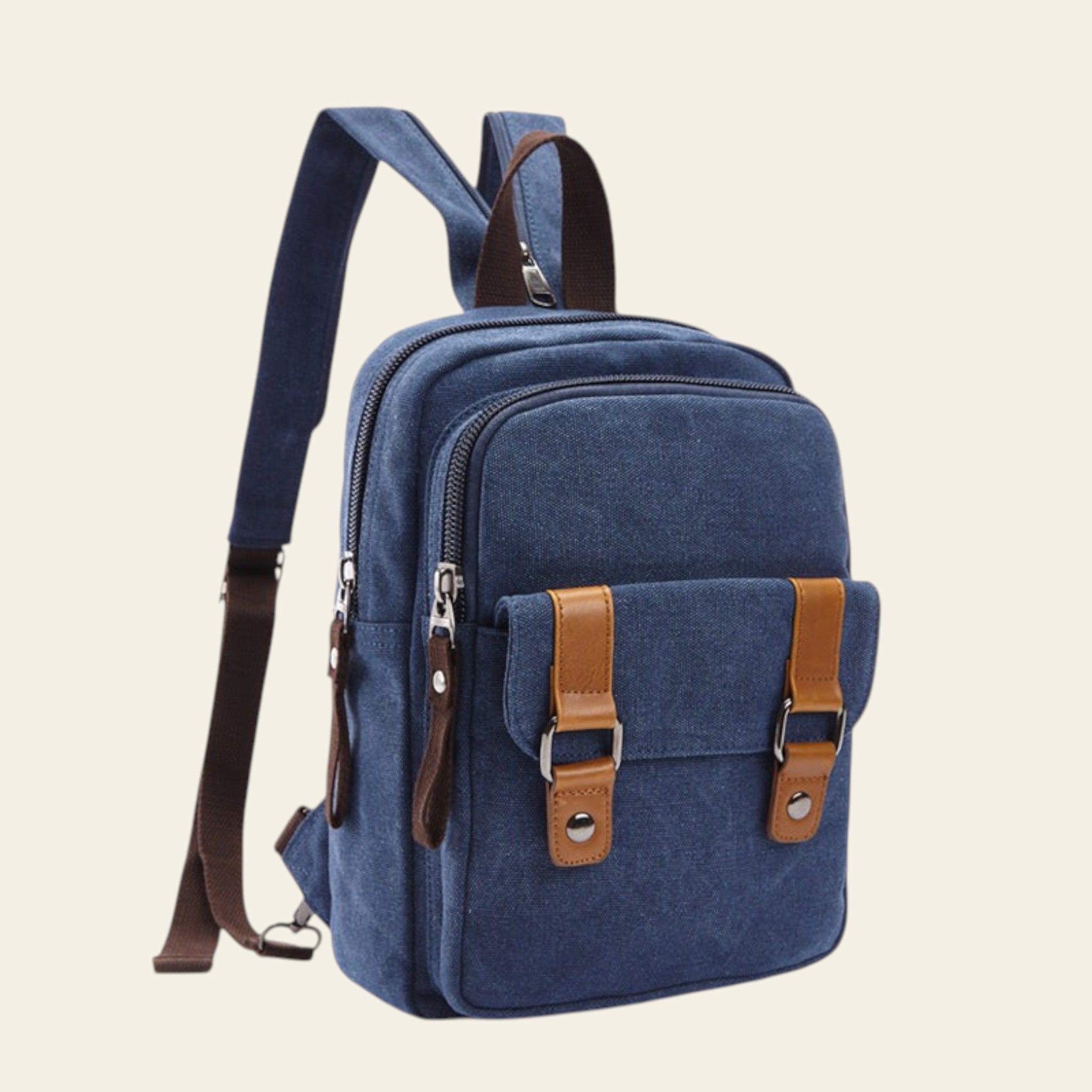 Blue backpack with brown accents on a white background