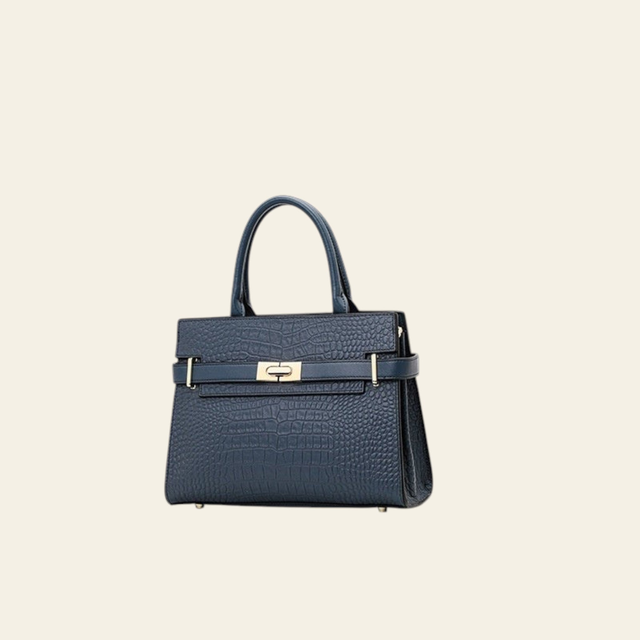 Blue handbag with dimensions indicated on a white background