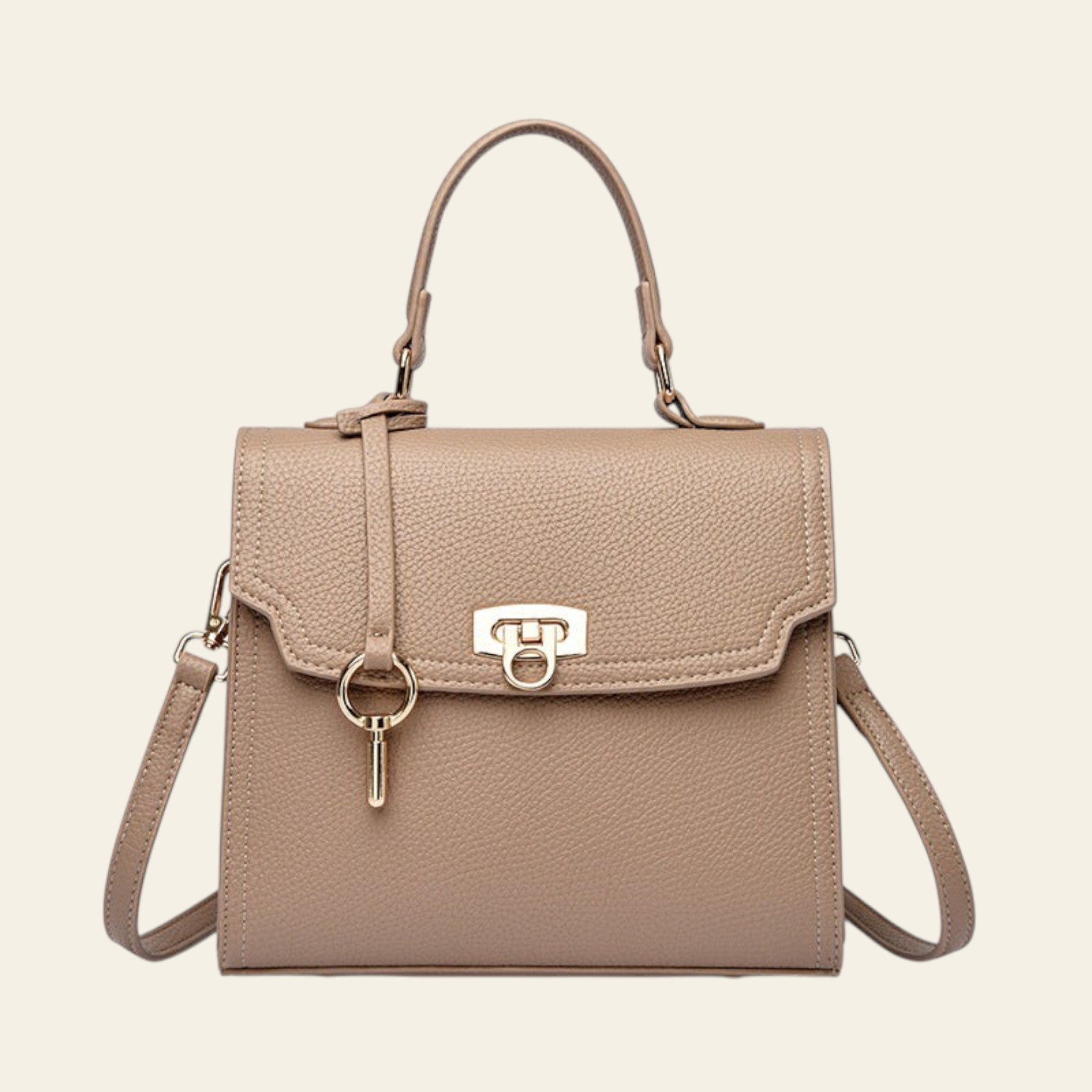 Beige handbag with a gold lock on a white background