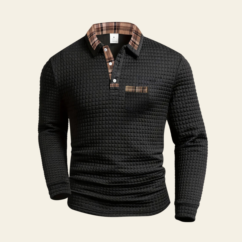 Men's textured long sleeve shirt with plaid collar- Black color
