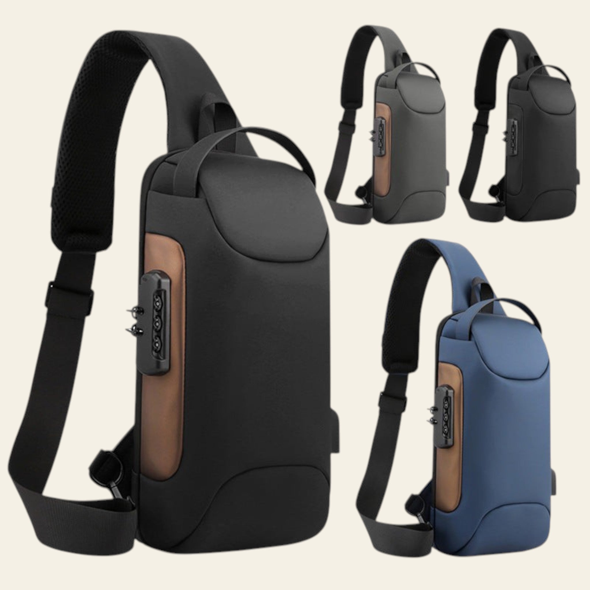 Black and blue sling bags with brown accents on a white background