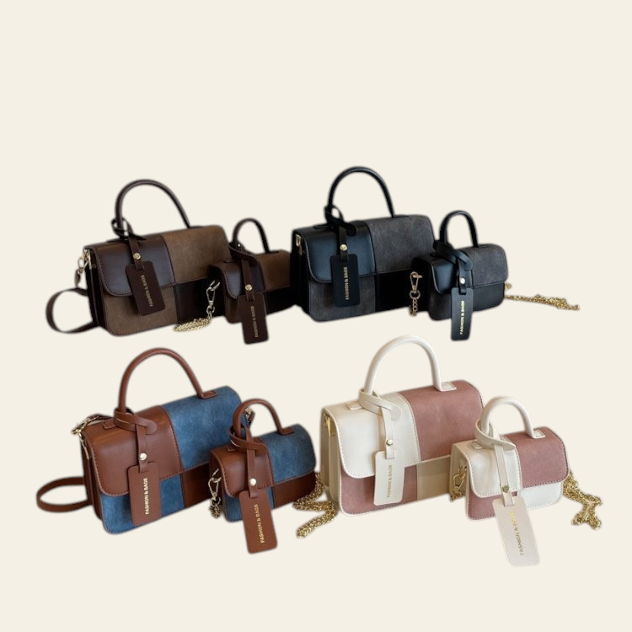 Collection of handbags displayed on a shelf with a framed picture in the background.