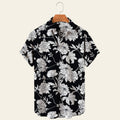 Black men's short sleeve shirt with white floral pattern, casual button-up lapel shirt