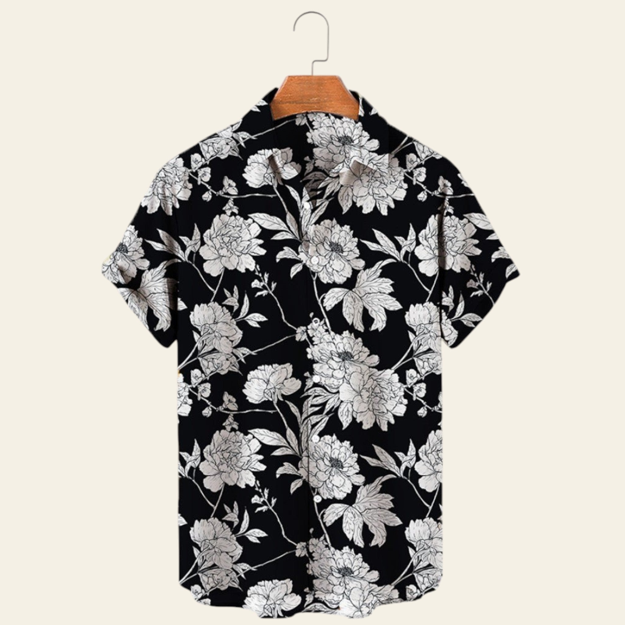Black men's short sleeve shirt with white floral pattern, casual button-up lapel shirt