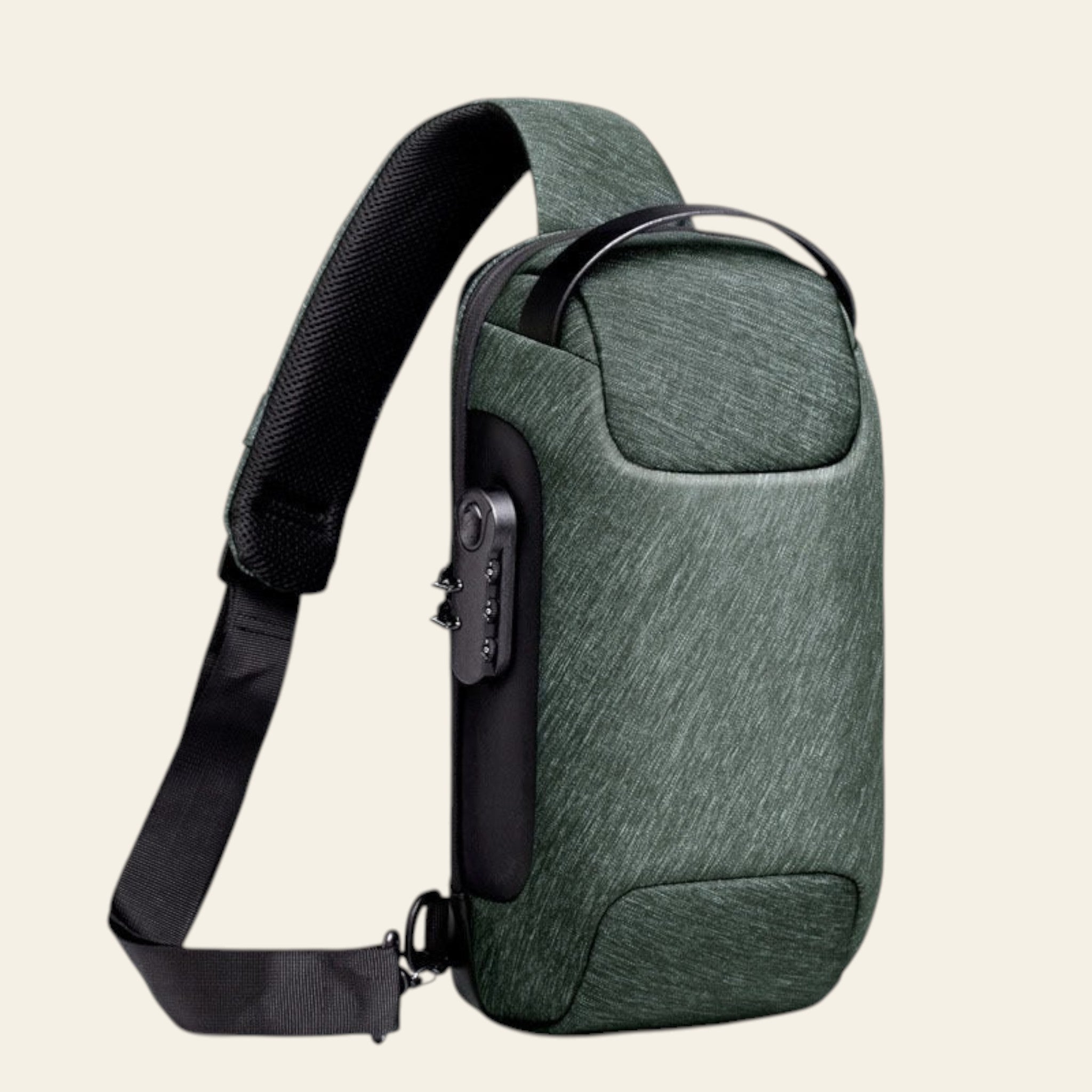 Green shoulder bag with a black strap on a white background