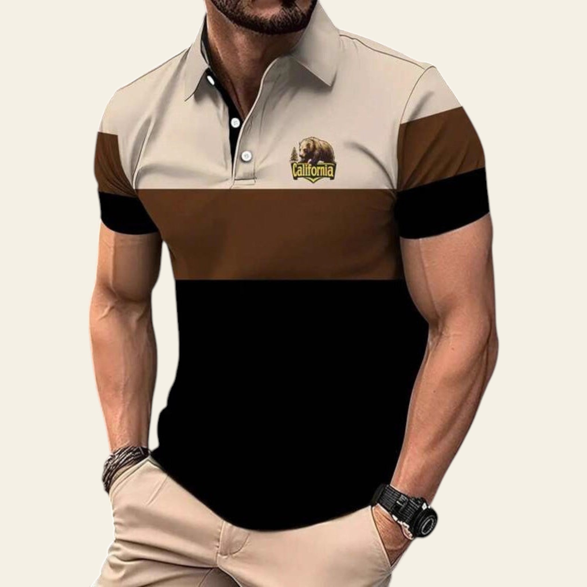 Man wearing a color block polo shirt in brown, black, and white