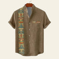 Brown shirt with colorful graphic design on a white background