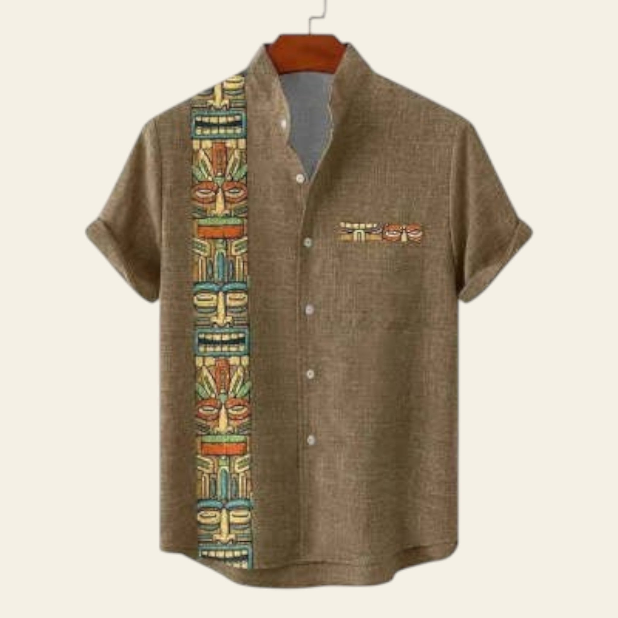 Brown shirt with colorful graphic design on a white background