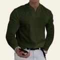 Man wearing an army green V-neck long sleeve breathable T-shirt