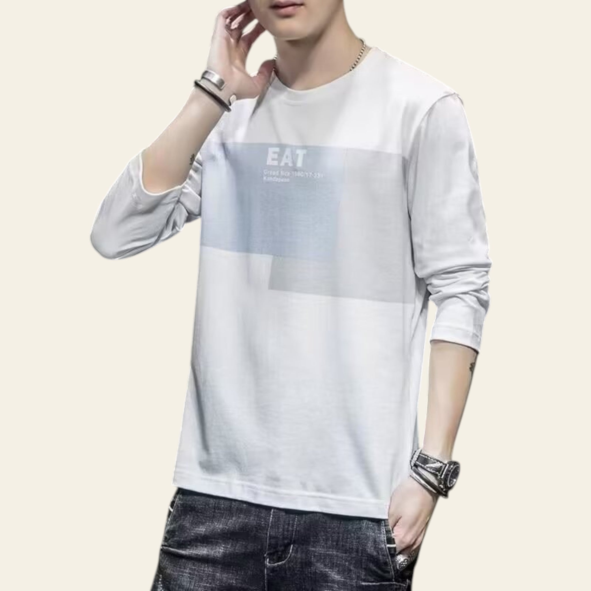 Man wearing a white long sleeve minimalist T-shirt