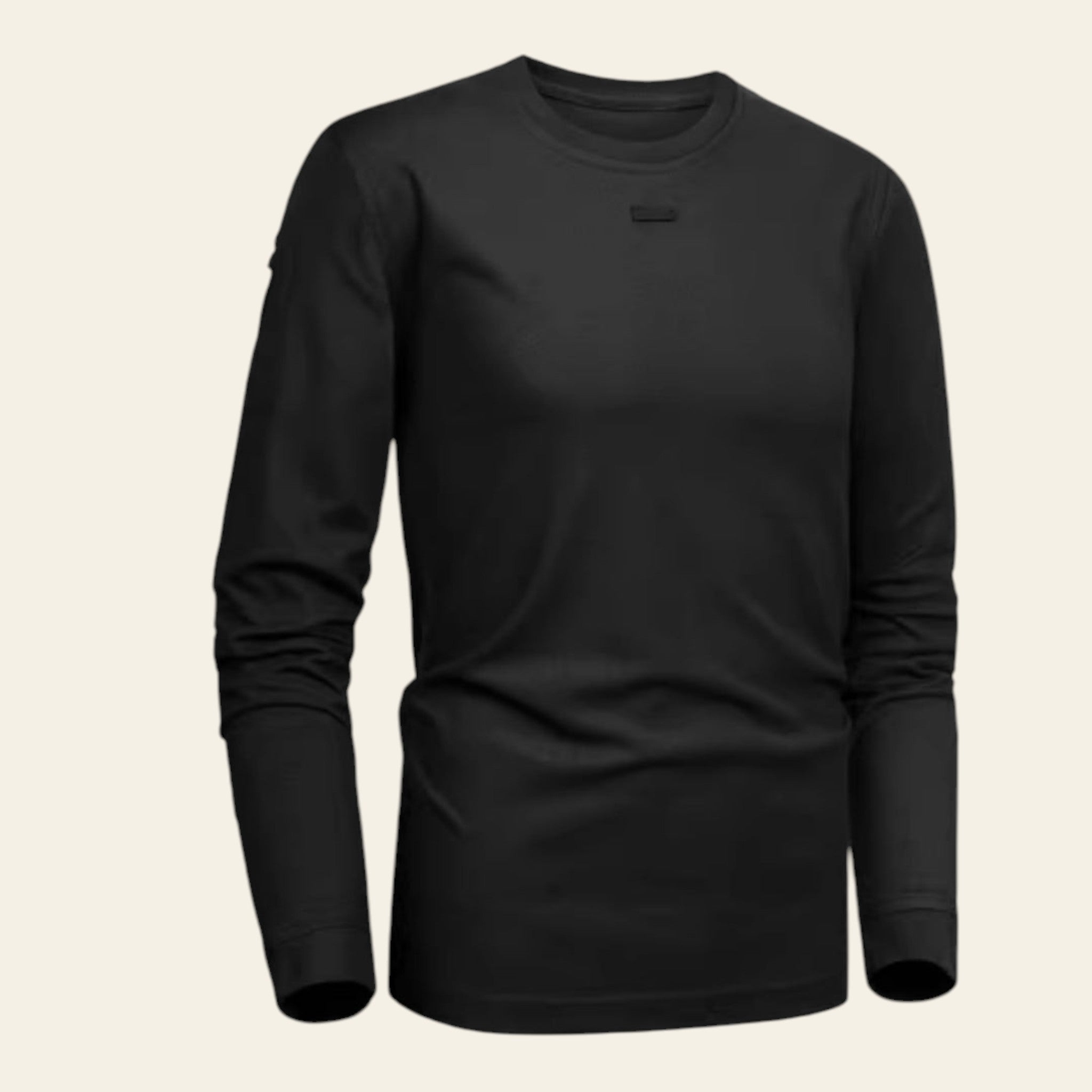 Black long-sleeve crew neck breathable men's shirt on white background