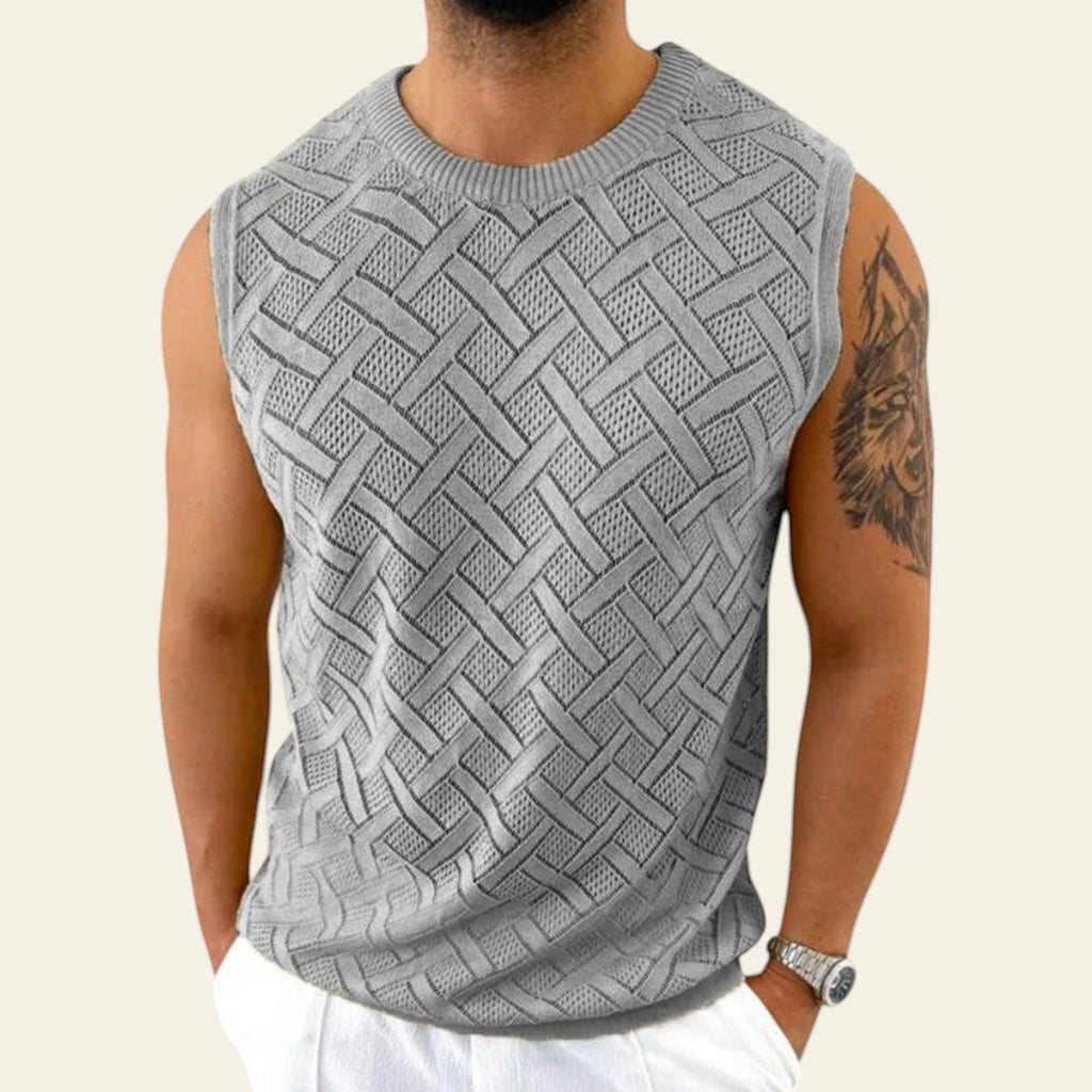 Men wearing a gray sleeveless knitted crew neck top