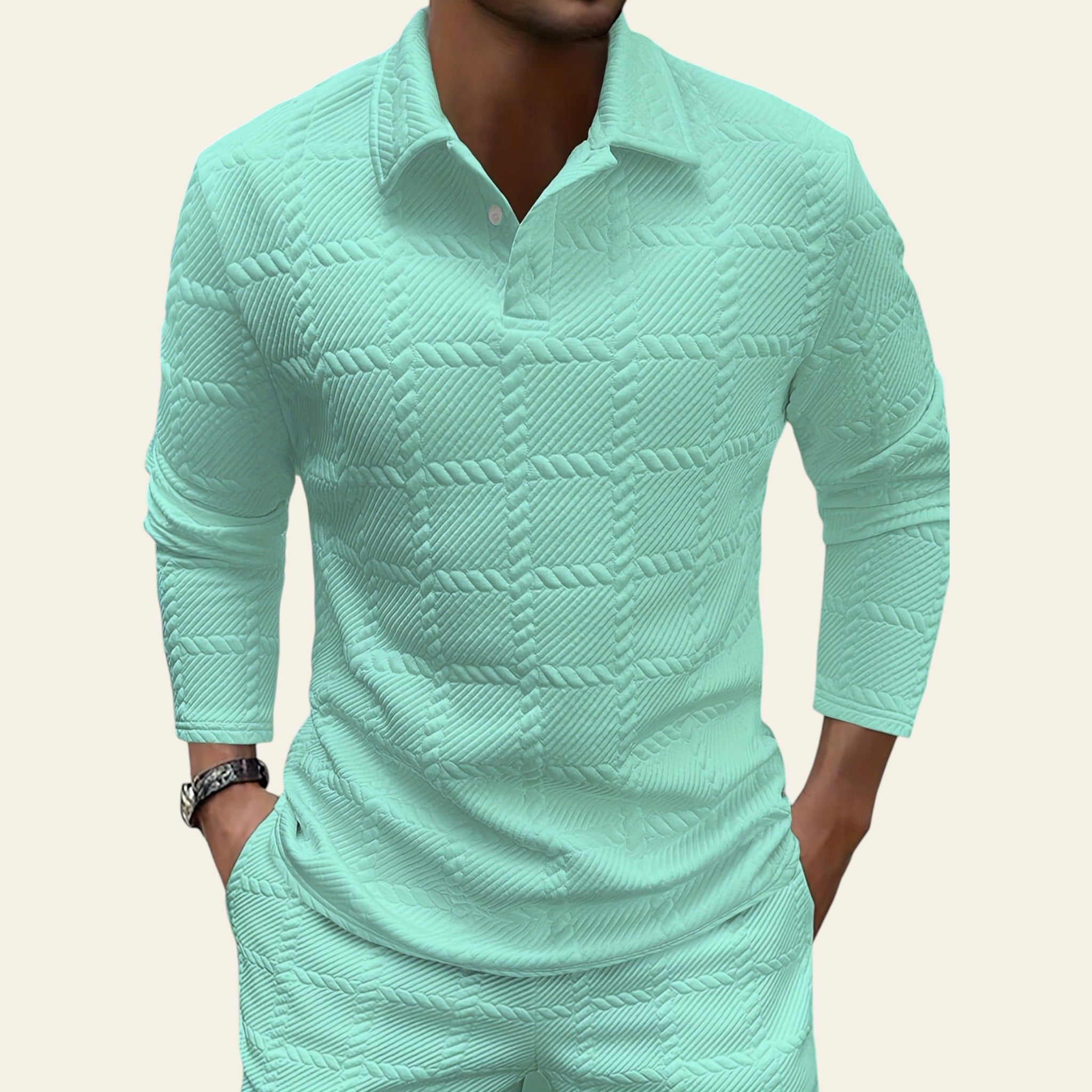 Men wearing light green textured long sleeve polo shirt