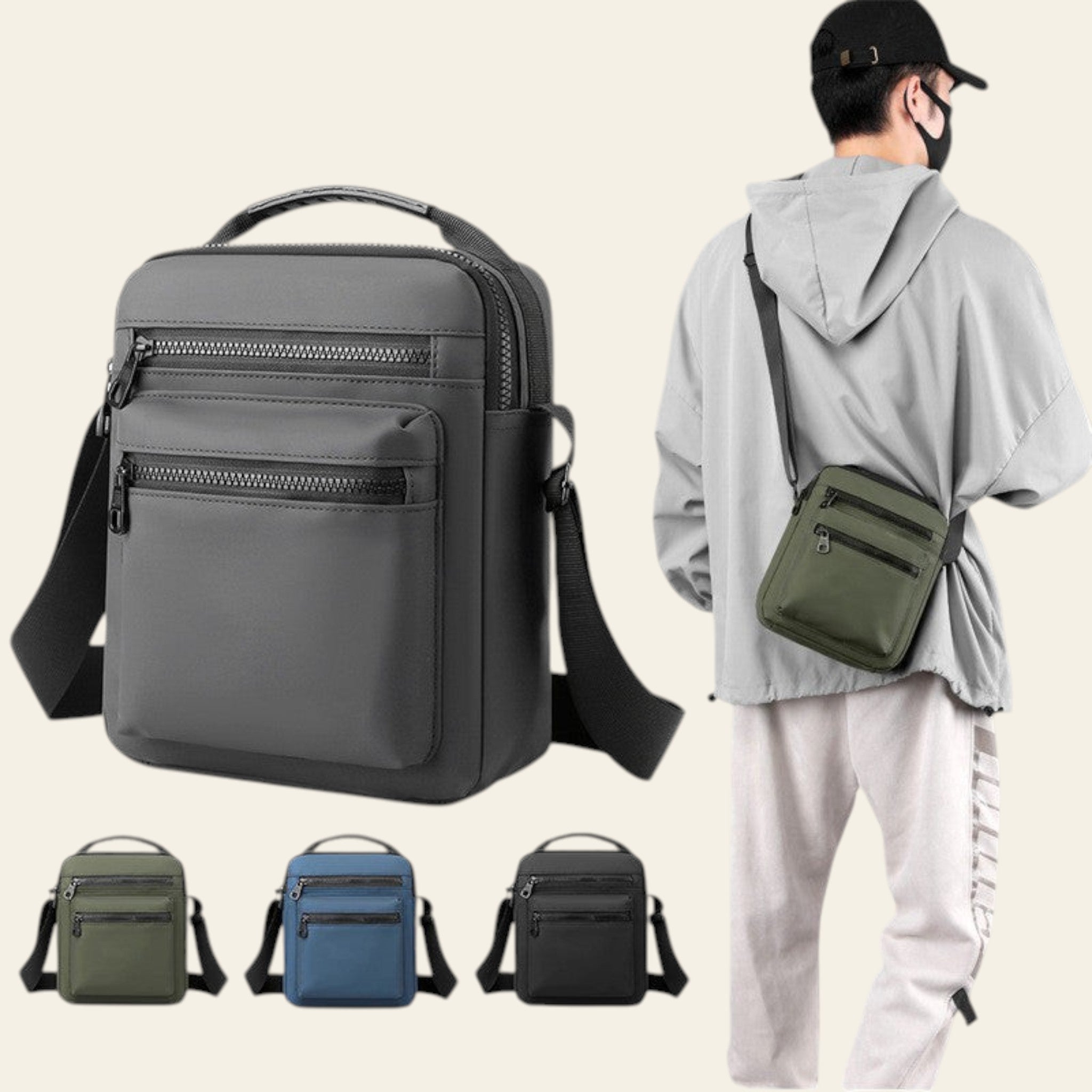 Gray crossbody bag with multiple color options displayed, including a person wearing a green bag.