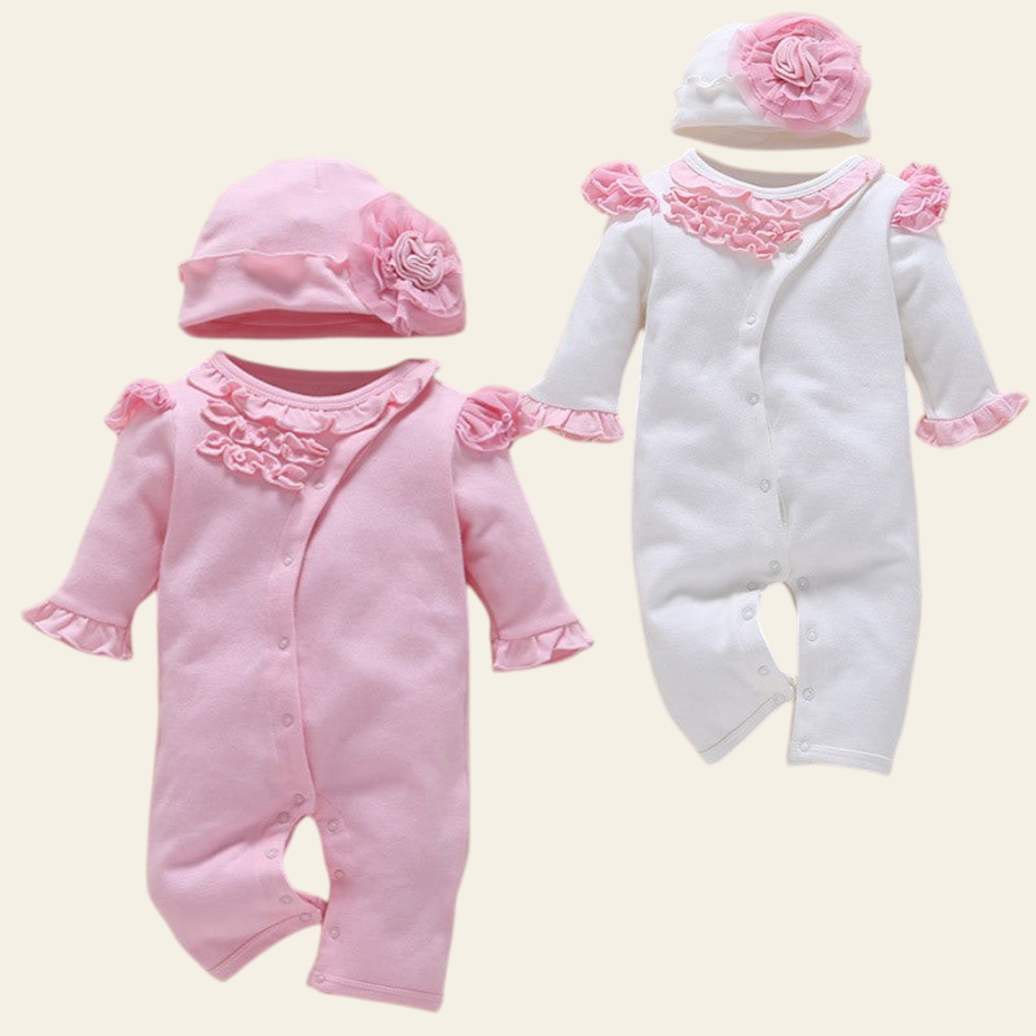 Two baby outfits, one pink and one white, with floral details on a beige background.