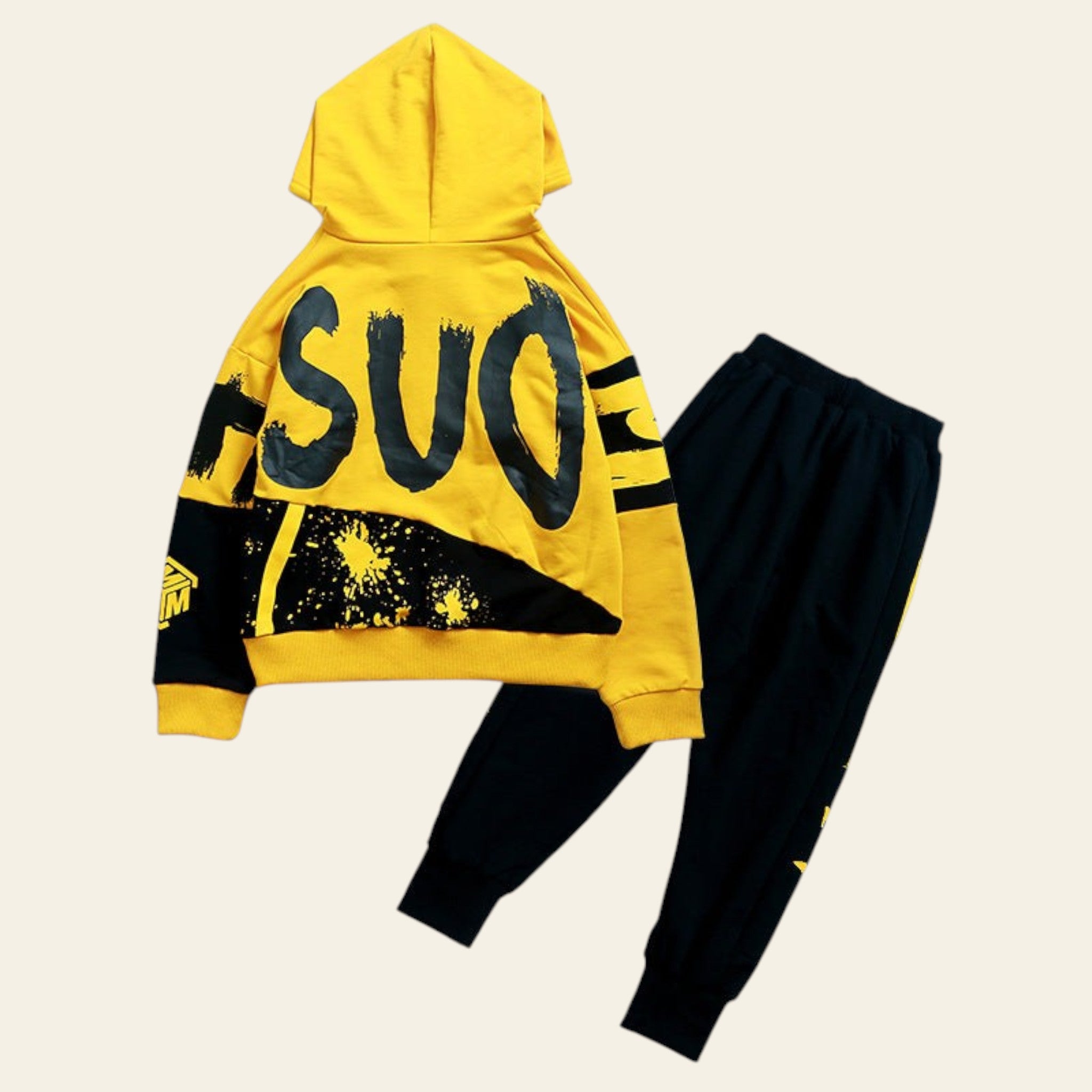 Yellow hoodie and black pants set with 'SUO' branding on a white background