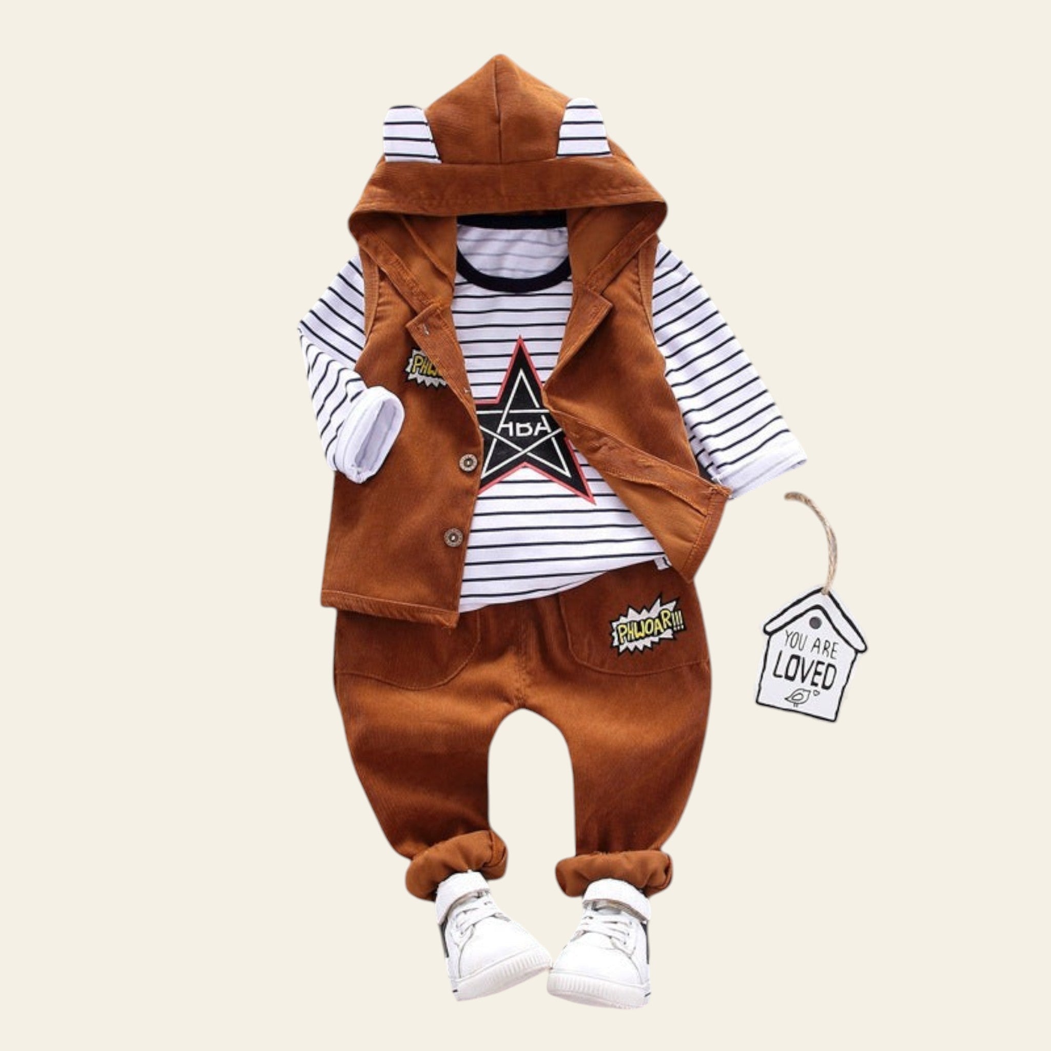 Children's brown outfit with hood and pants on a gray background