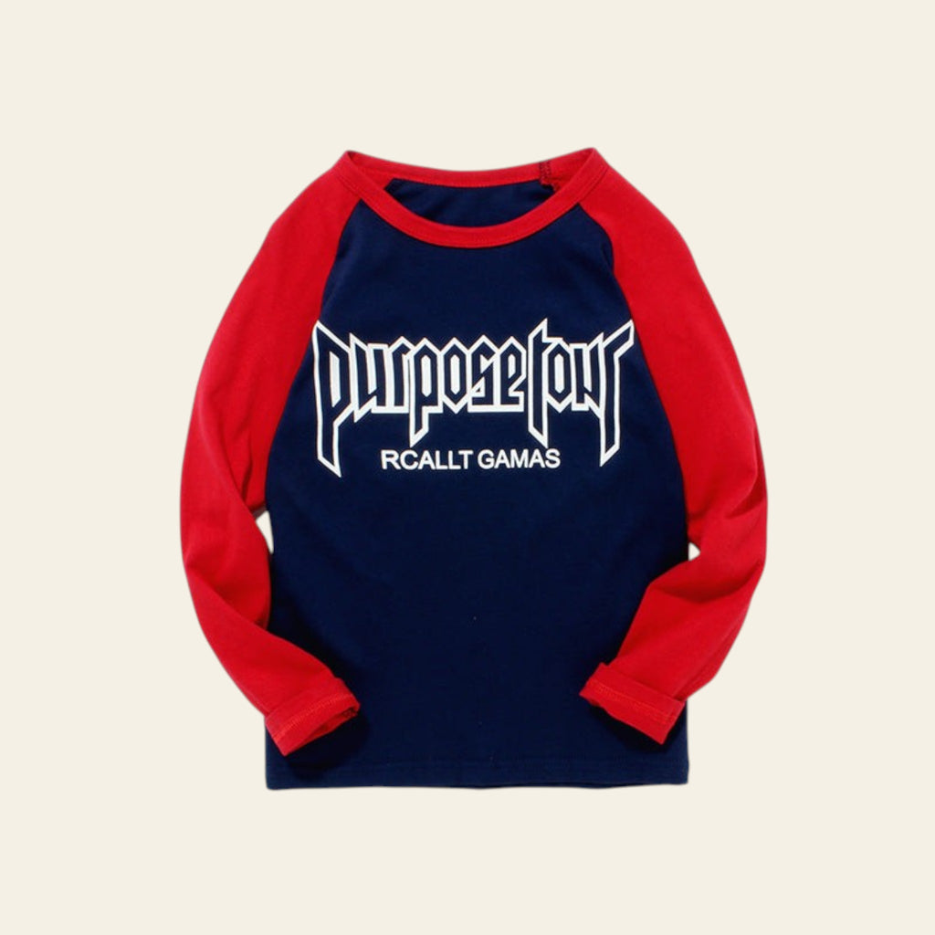 Navy and red long-sleeve shirt with white text on a white background