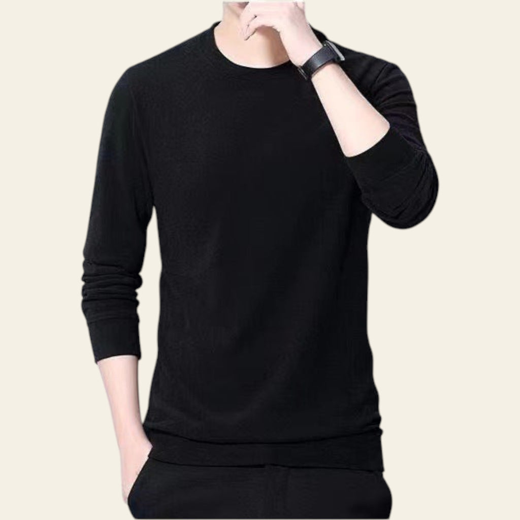 Mannequin wearing a black double-sided fleece crewneck sweater