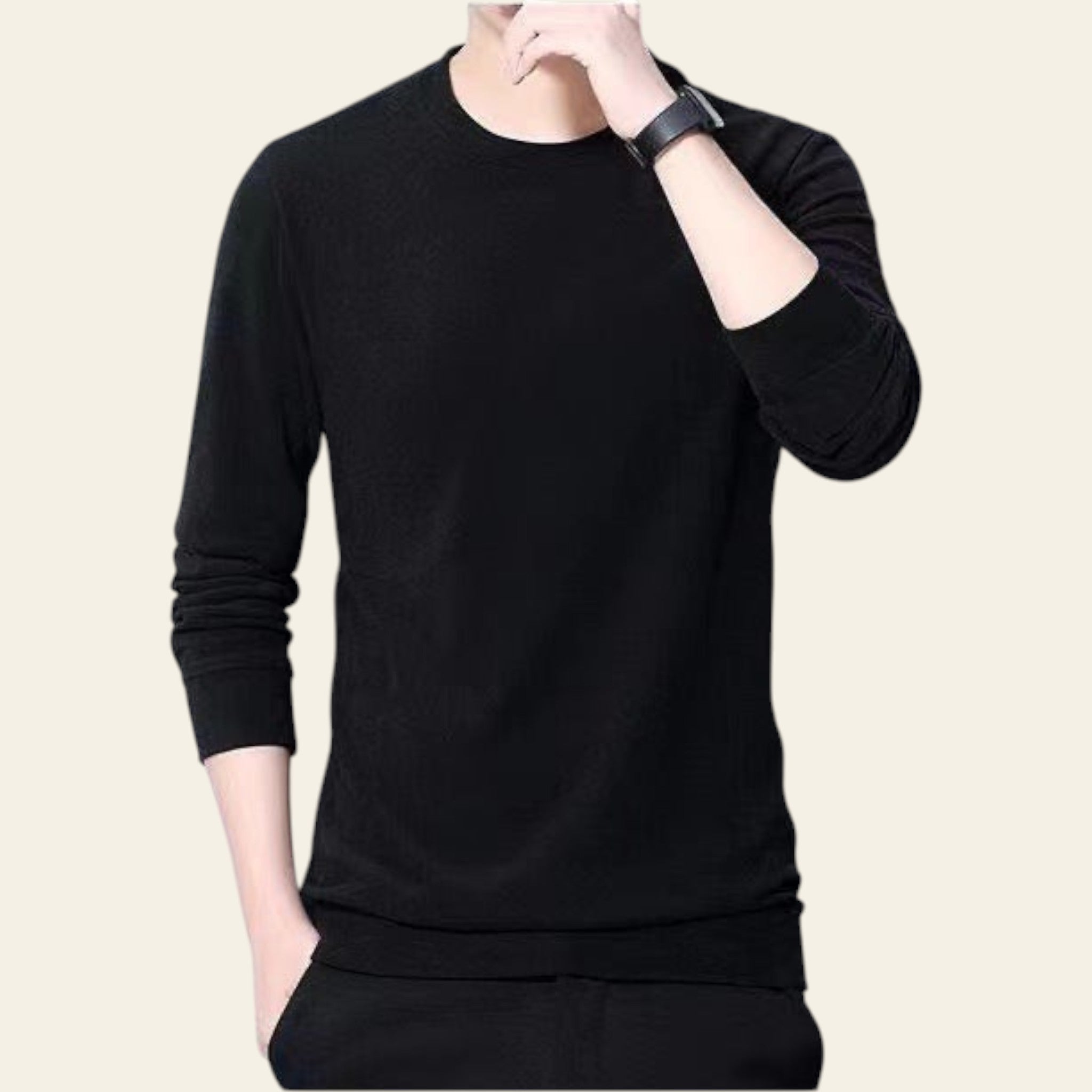 Mannequin wearing a black double-sided fleece crewneck sweater