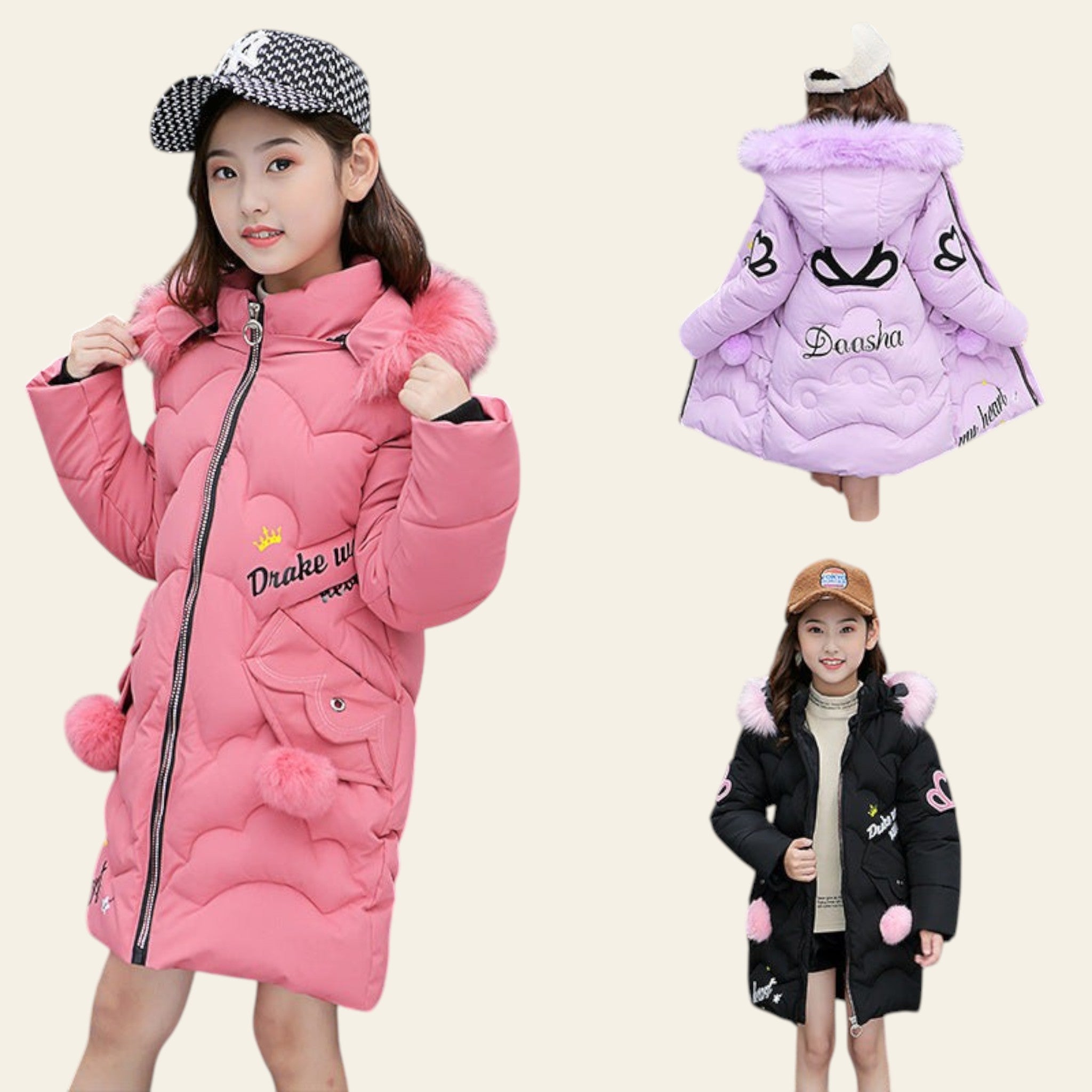 Three children wearing different colored winter jackets with fur-lined hoods in an urban setting.