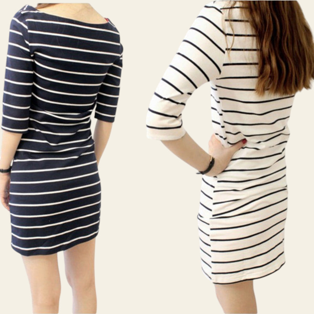 Two views of a person wearing a black and white striped dress against a neutral background.