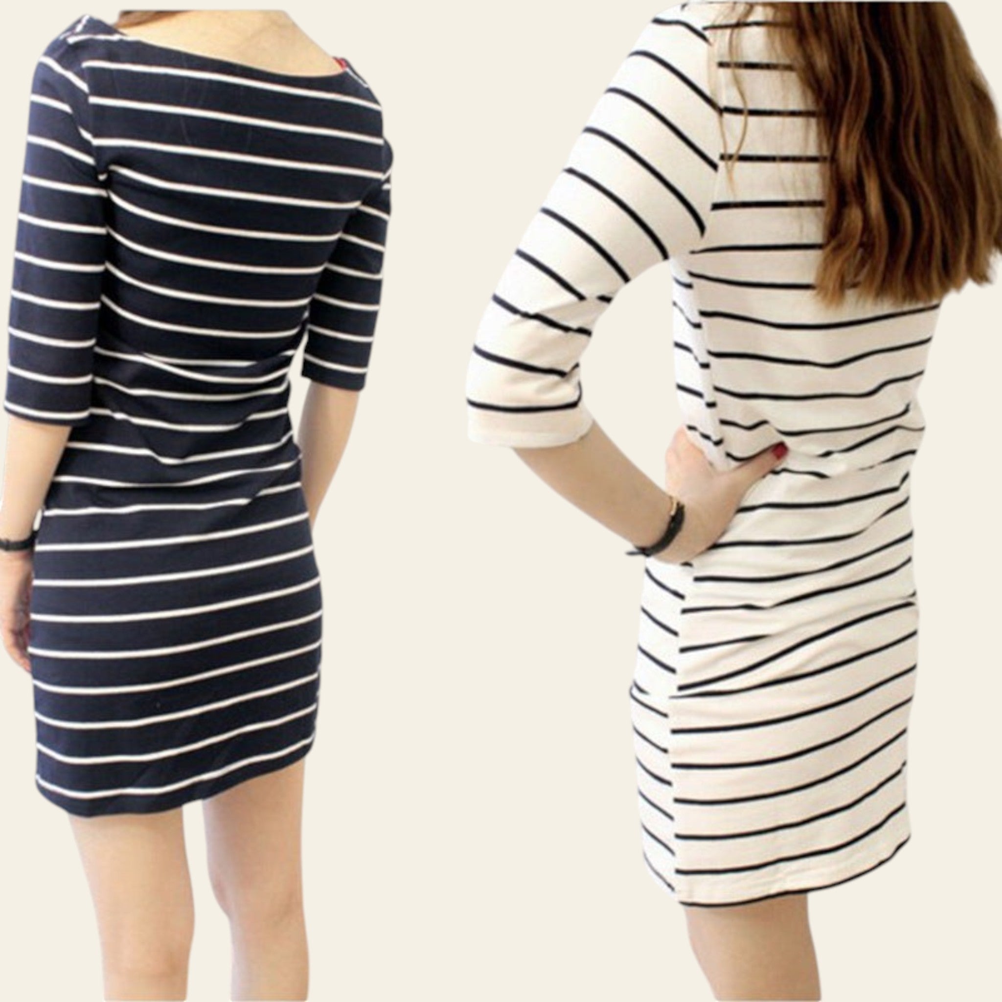 Two views of a person wearing a black and white striped dress against a neutral background.