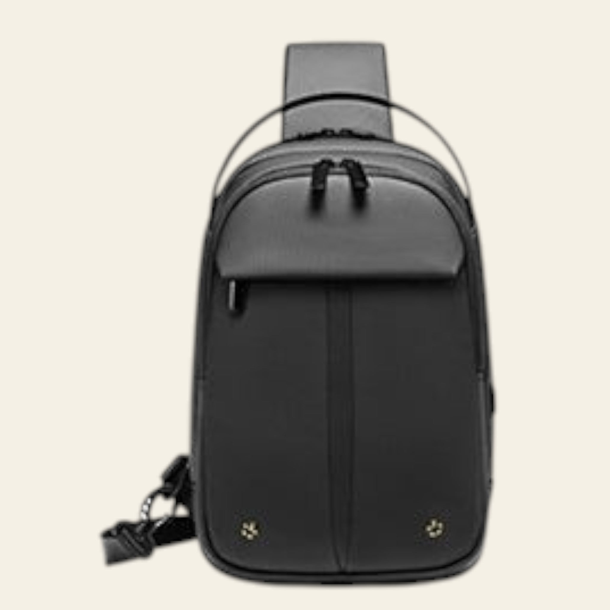 Black backpack with a strap on a white background
