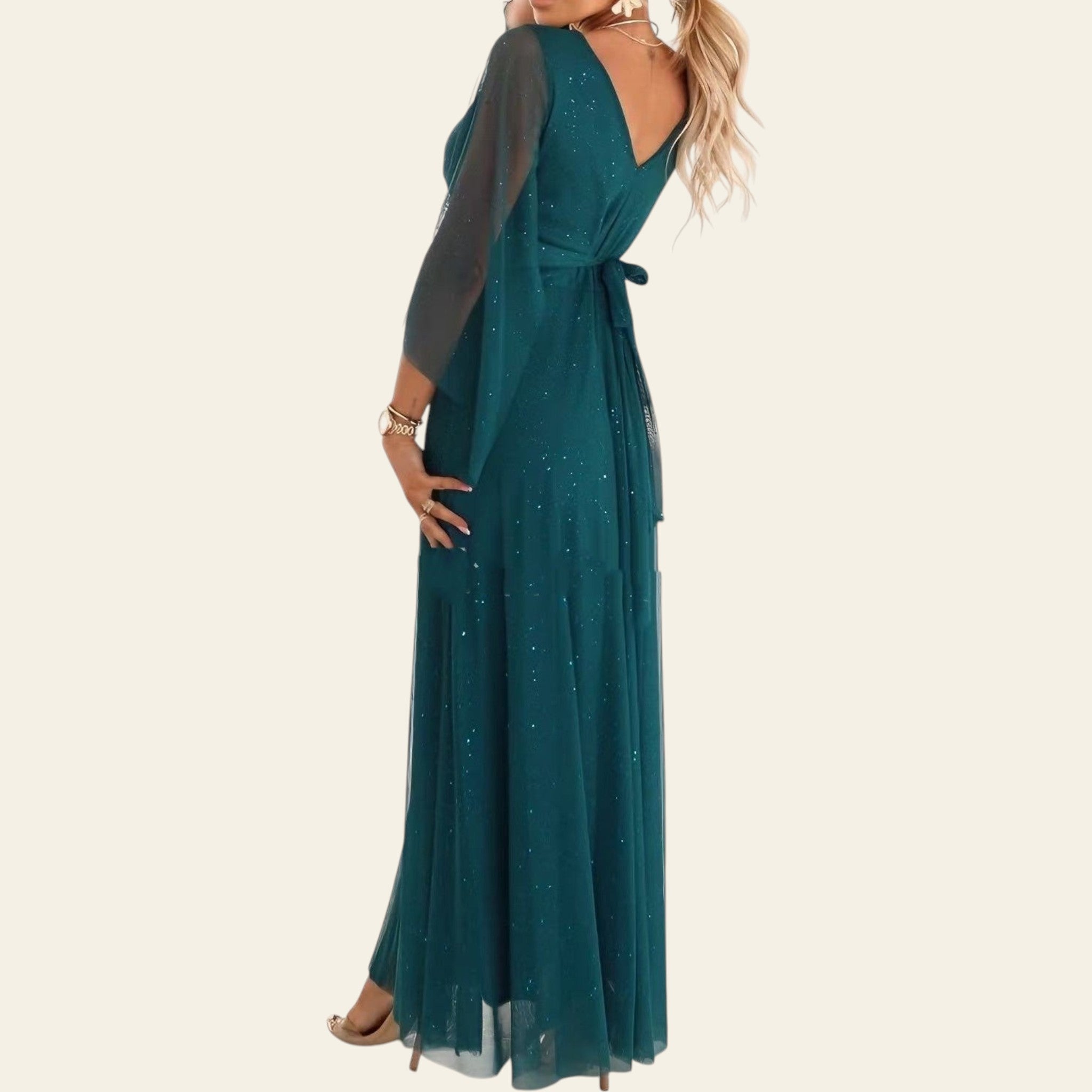Side view of a long mesh dress with sheer sleeves