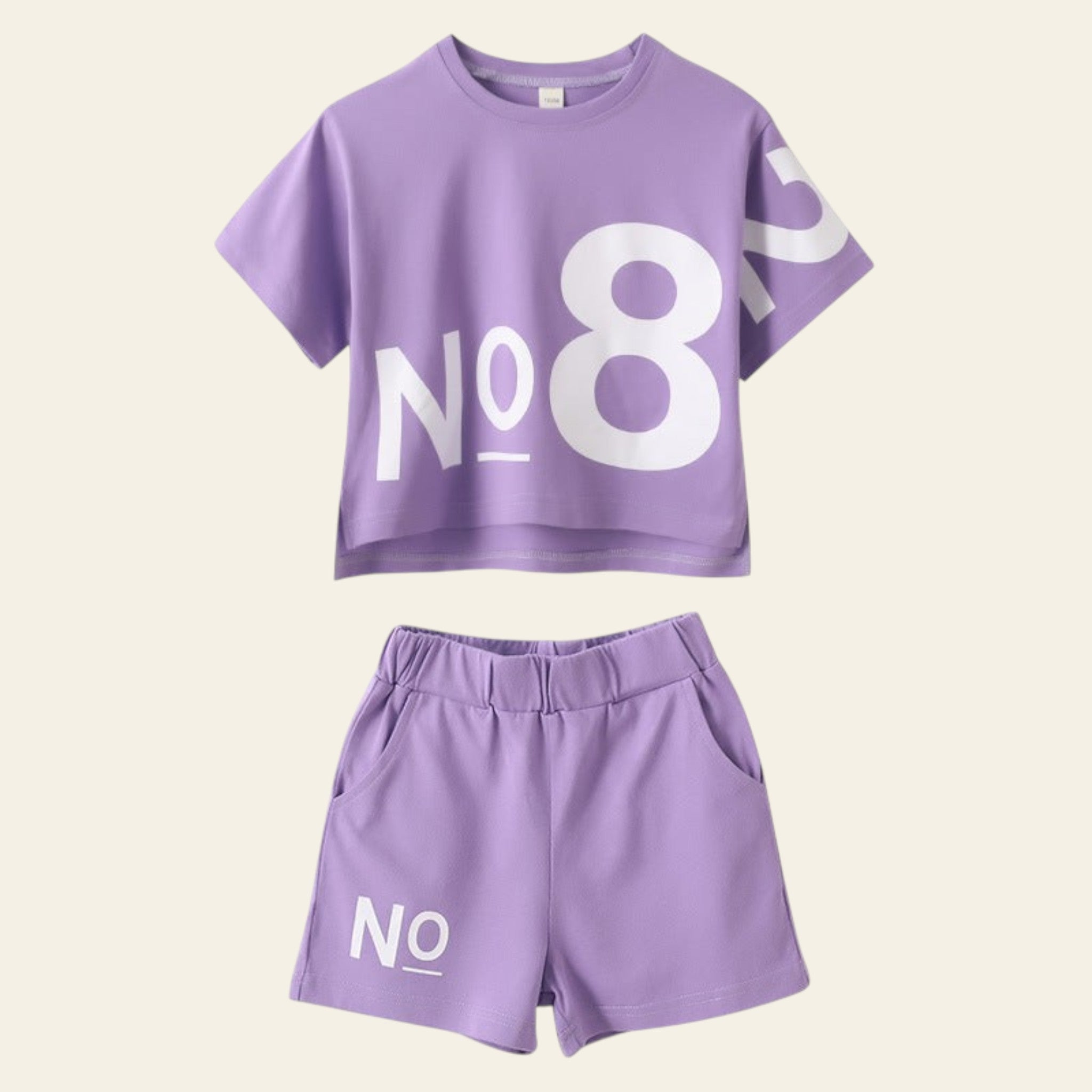 Purple outfit with 'No 8' print on a white background