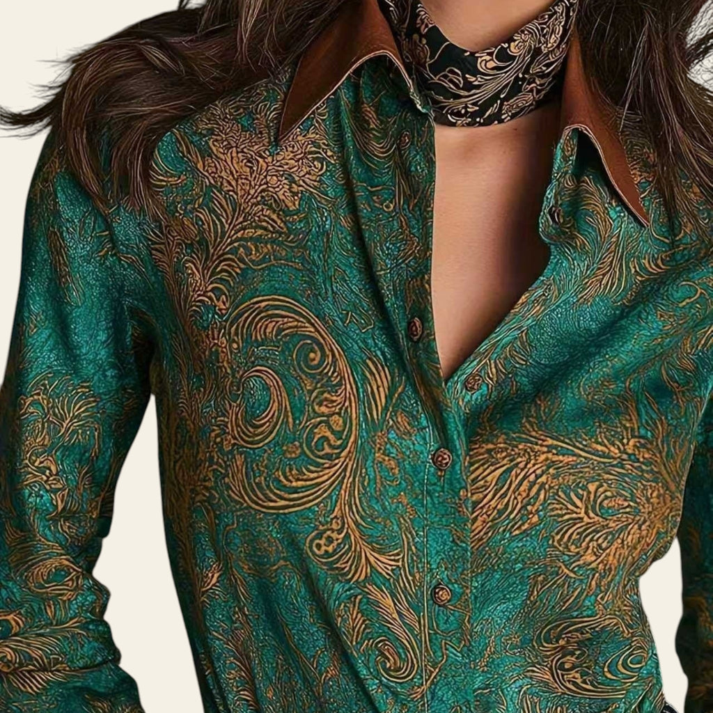 Teal patterned shirt with a choker worn by a person