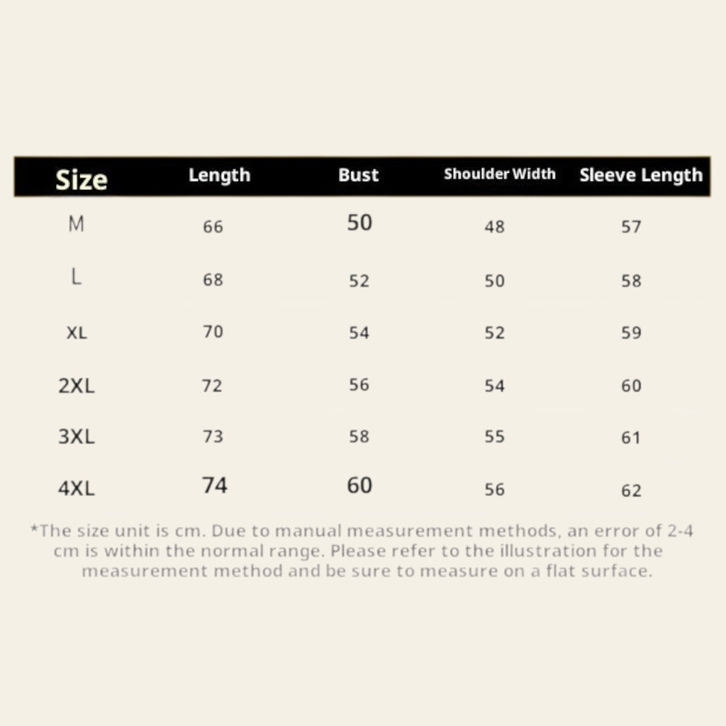 Size chart for men's crewneck sweatshirt showing length, bust, shoulder width, and sleeve length in cm (M-4XL)
