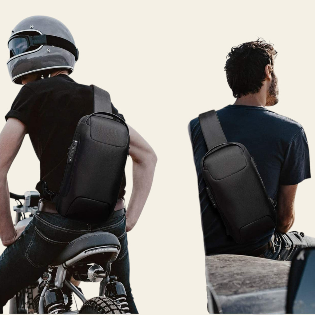 Person wearing a black backpack with a helmet on a motorcycle, and another person sitting on a vehicle with a backpack.