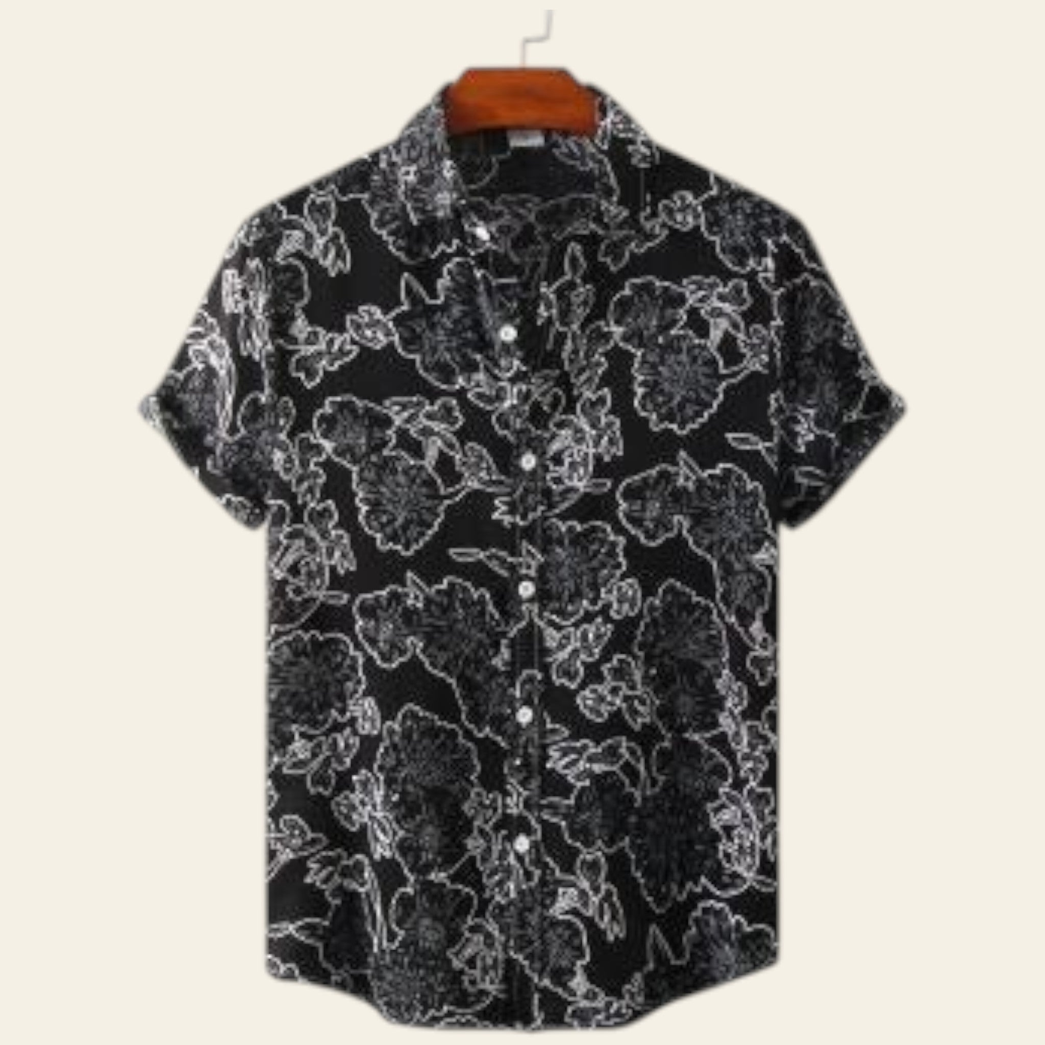 Black floral patterned shirt on a white background