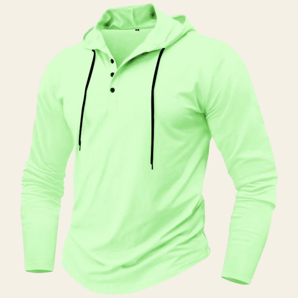 Neon green hoodie with black accents on a white background