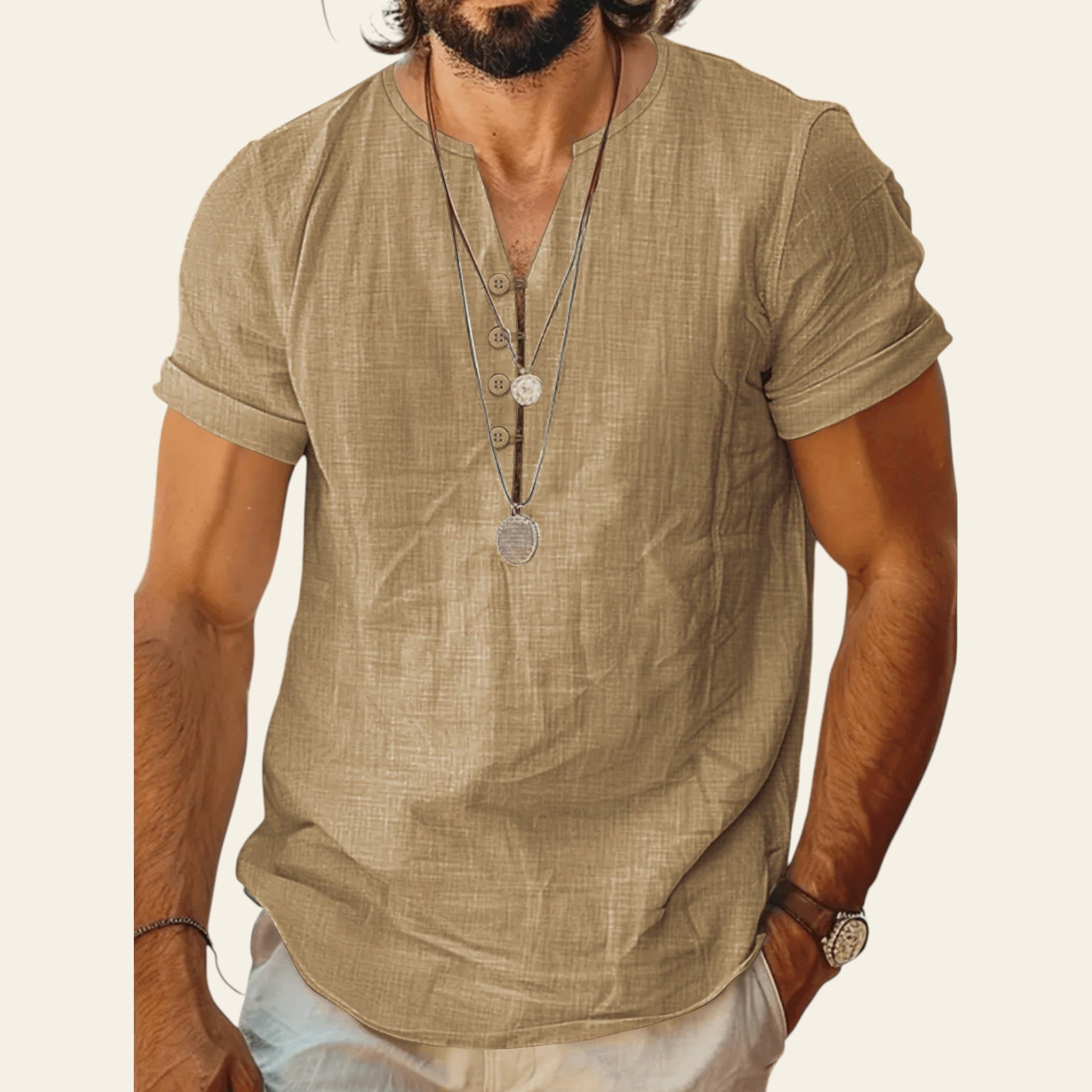 Man wearing a lightweight short sleeve cotton top in Khaki