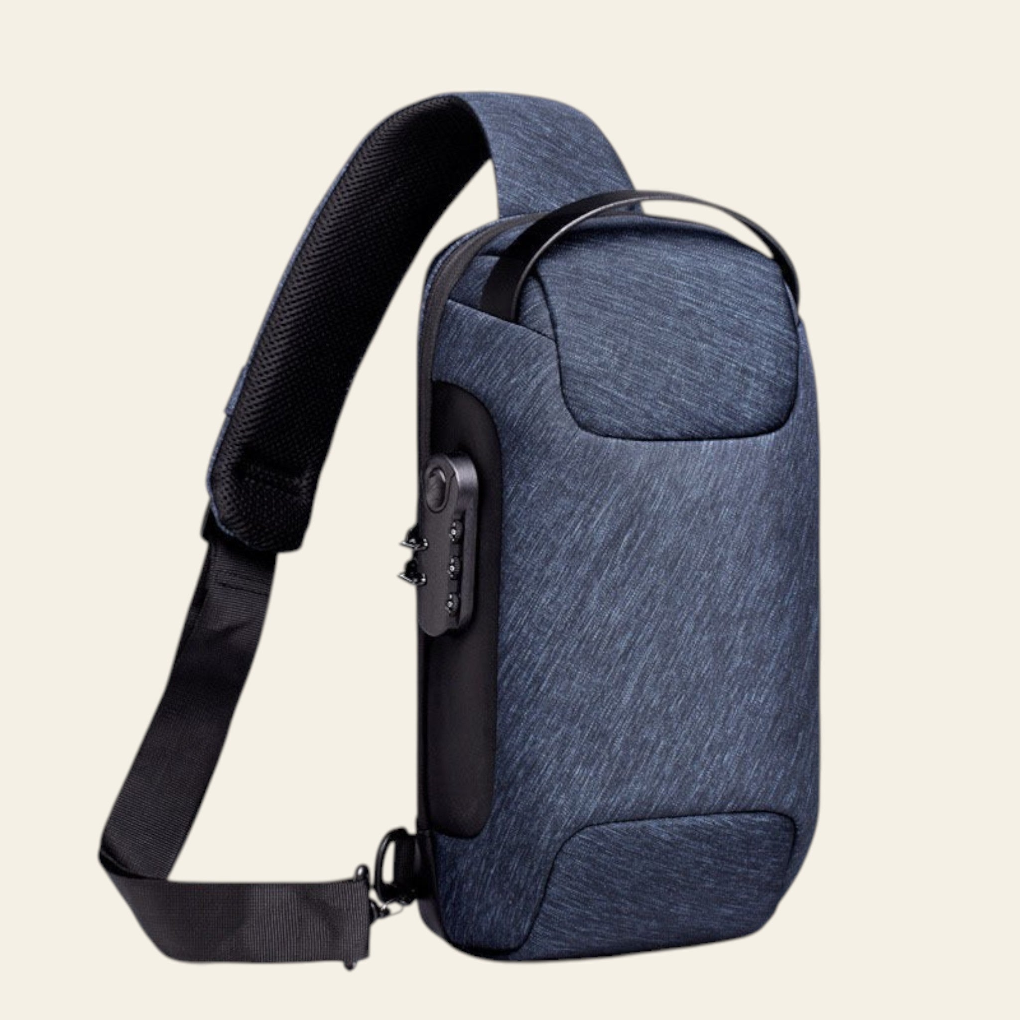 Blue sling bag with black strap on a white background