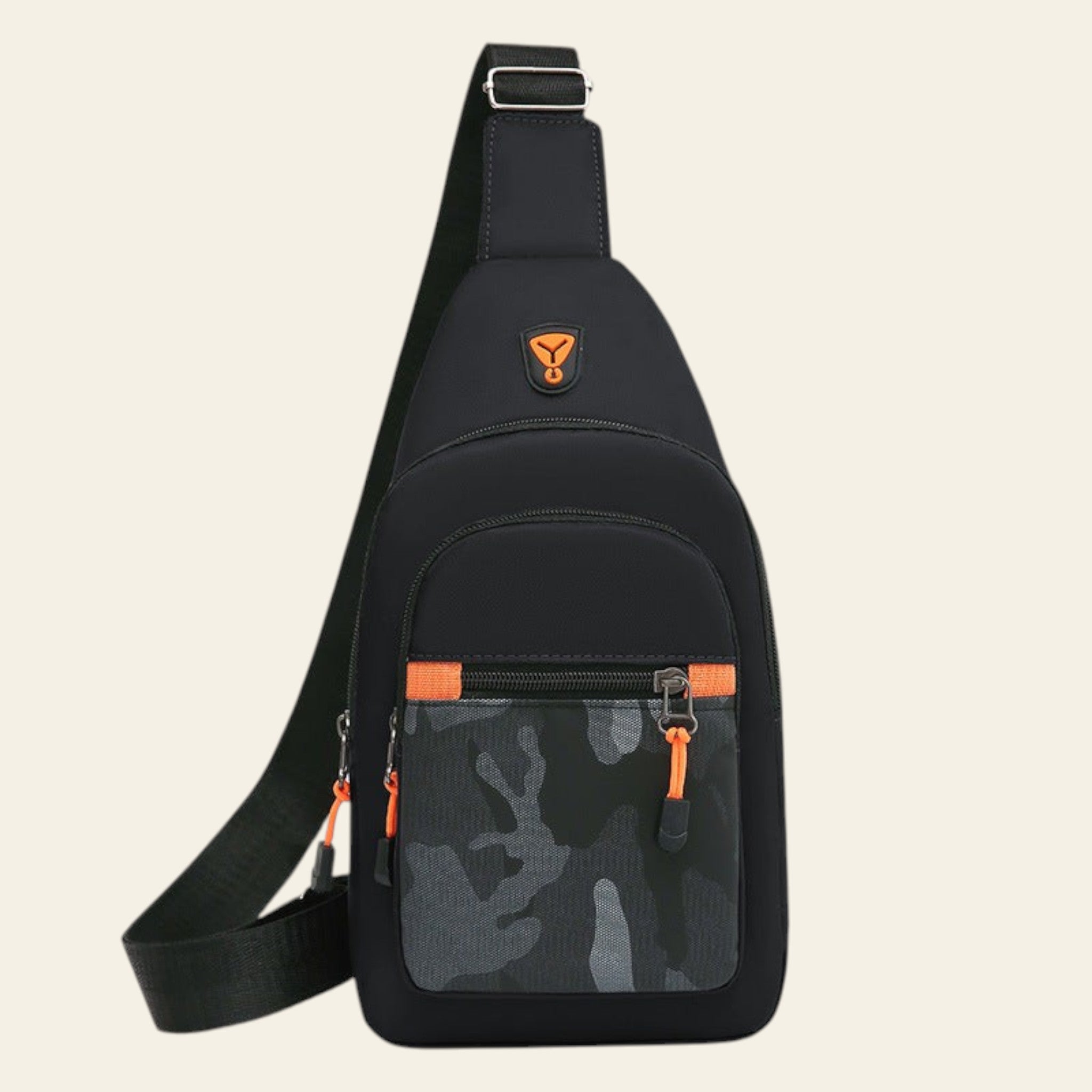 Black sling bag with orange accents on a white background