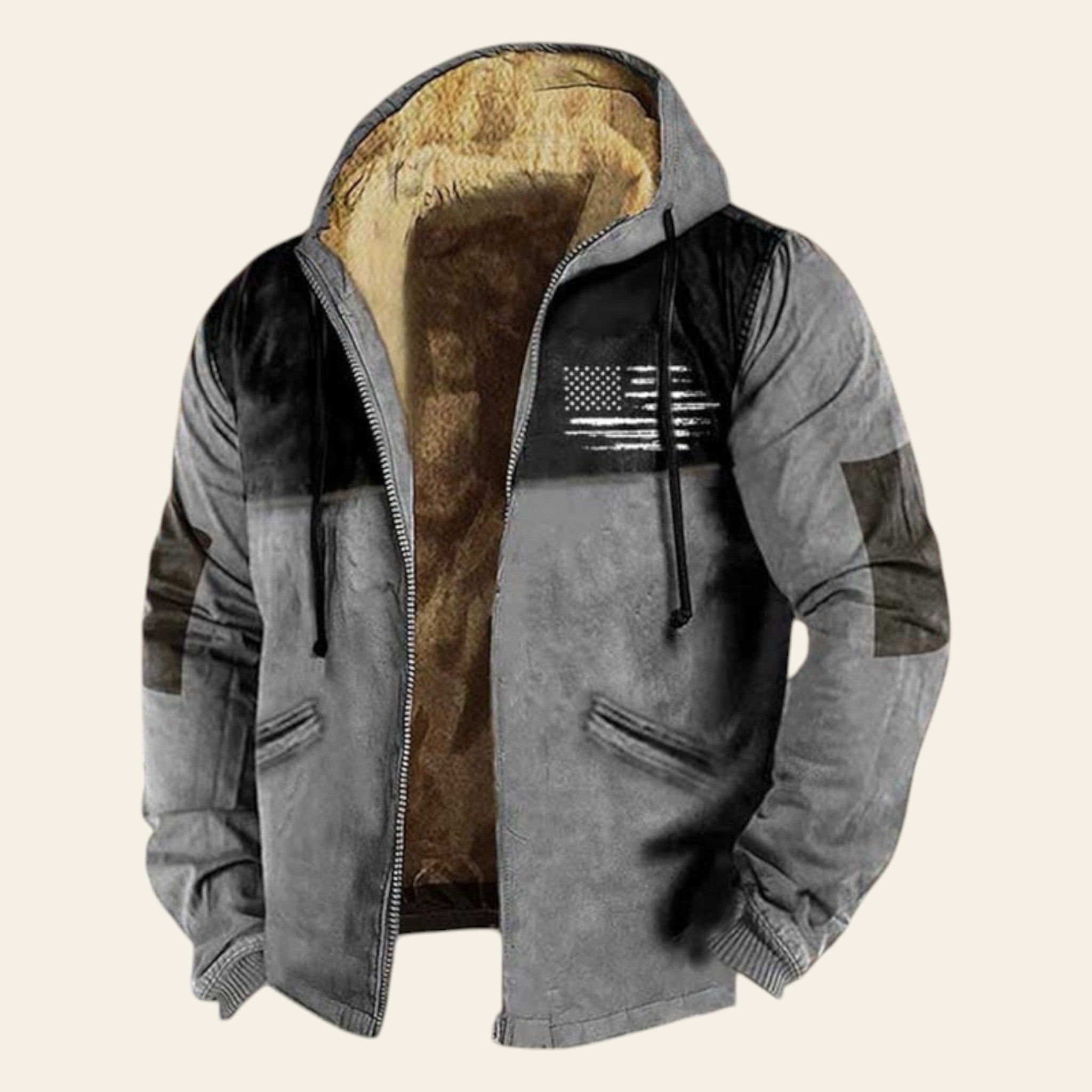 Men's gray hoodie with black American flag graphic and fleece lining on textured background