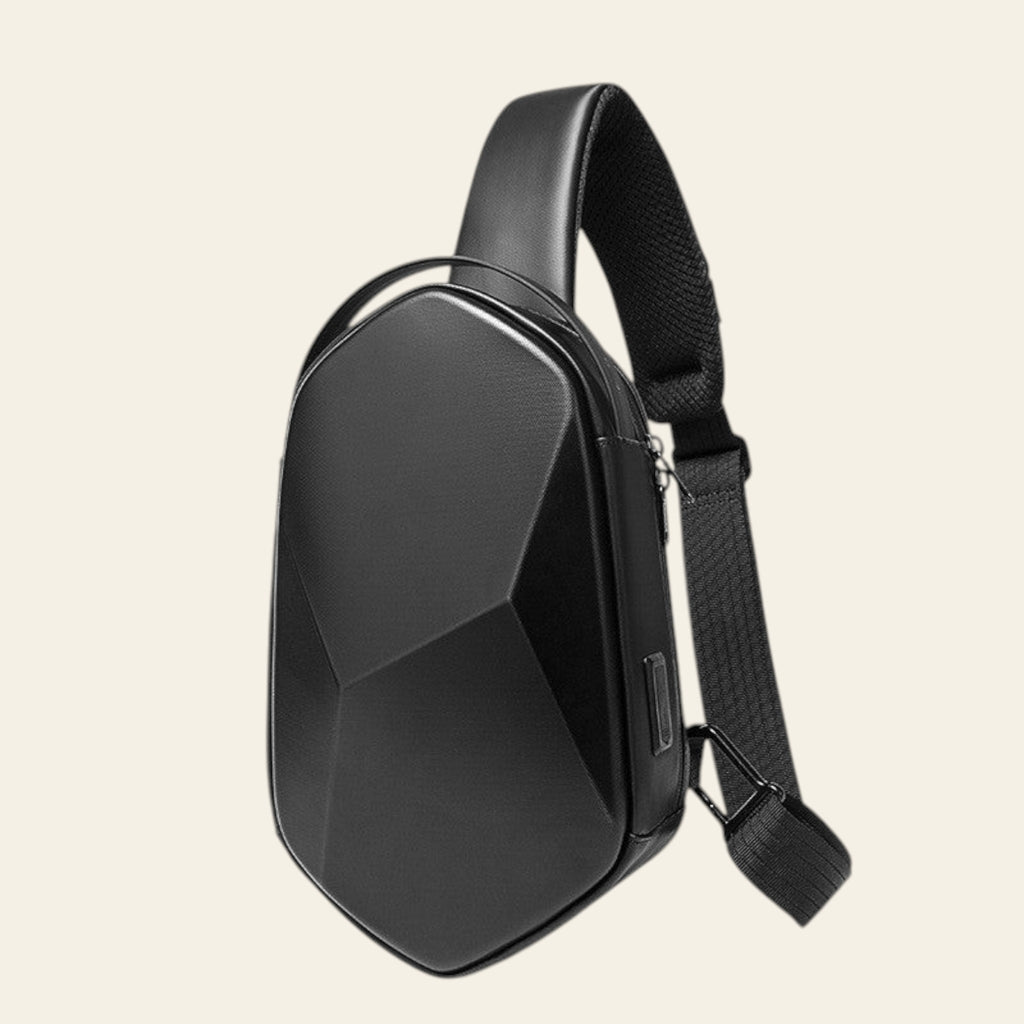 Black sling bag on a white background