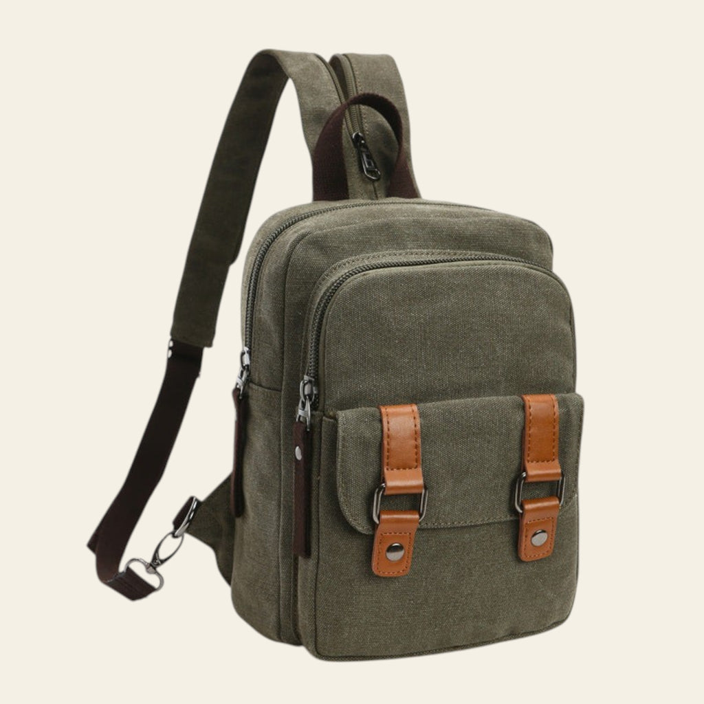 Green backpack with brown straps on a white background