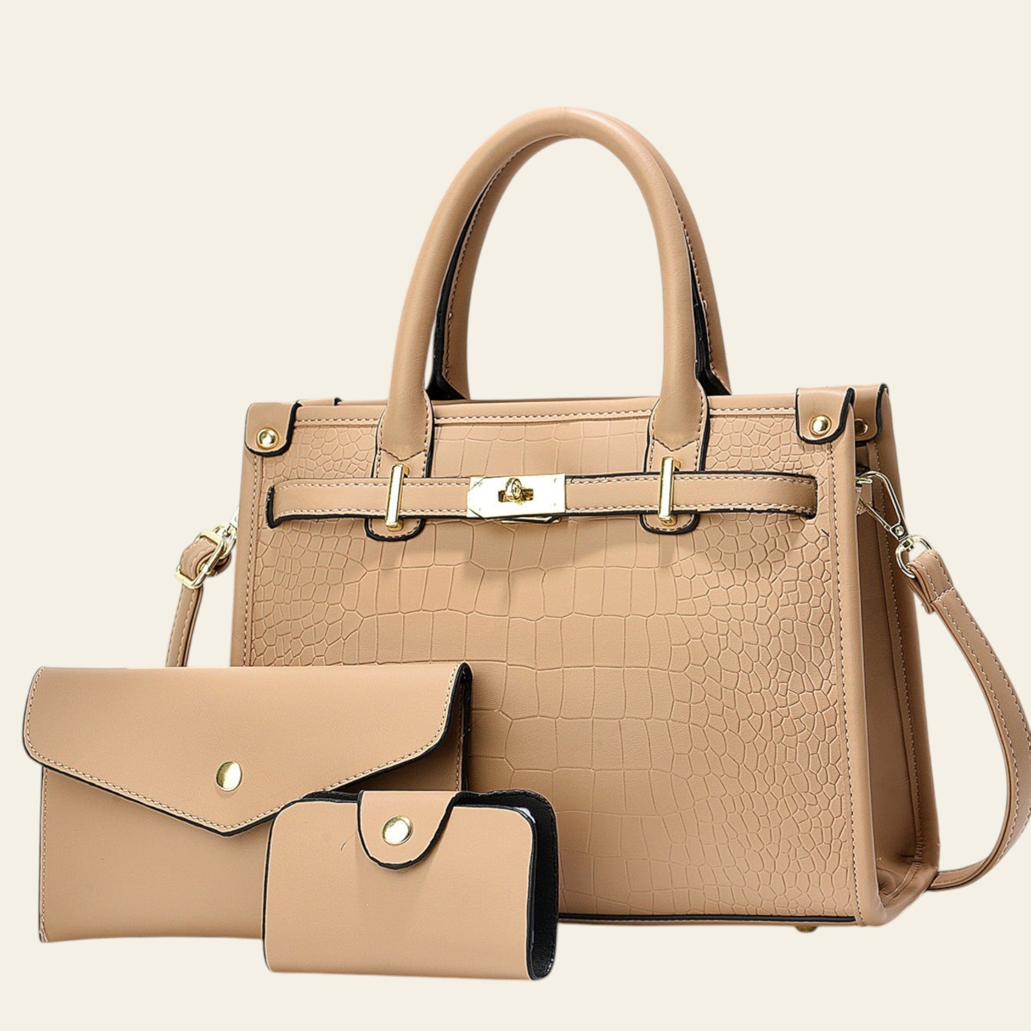 Beige handbag with matching wallet and cardholder on a light gray background