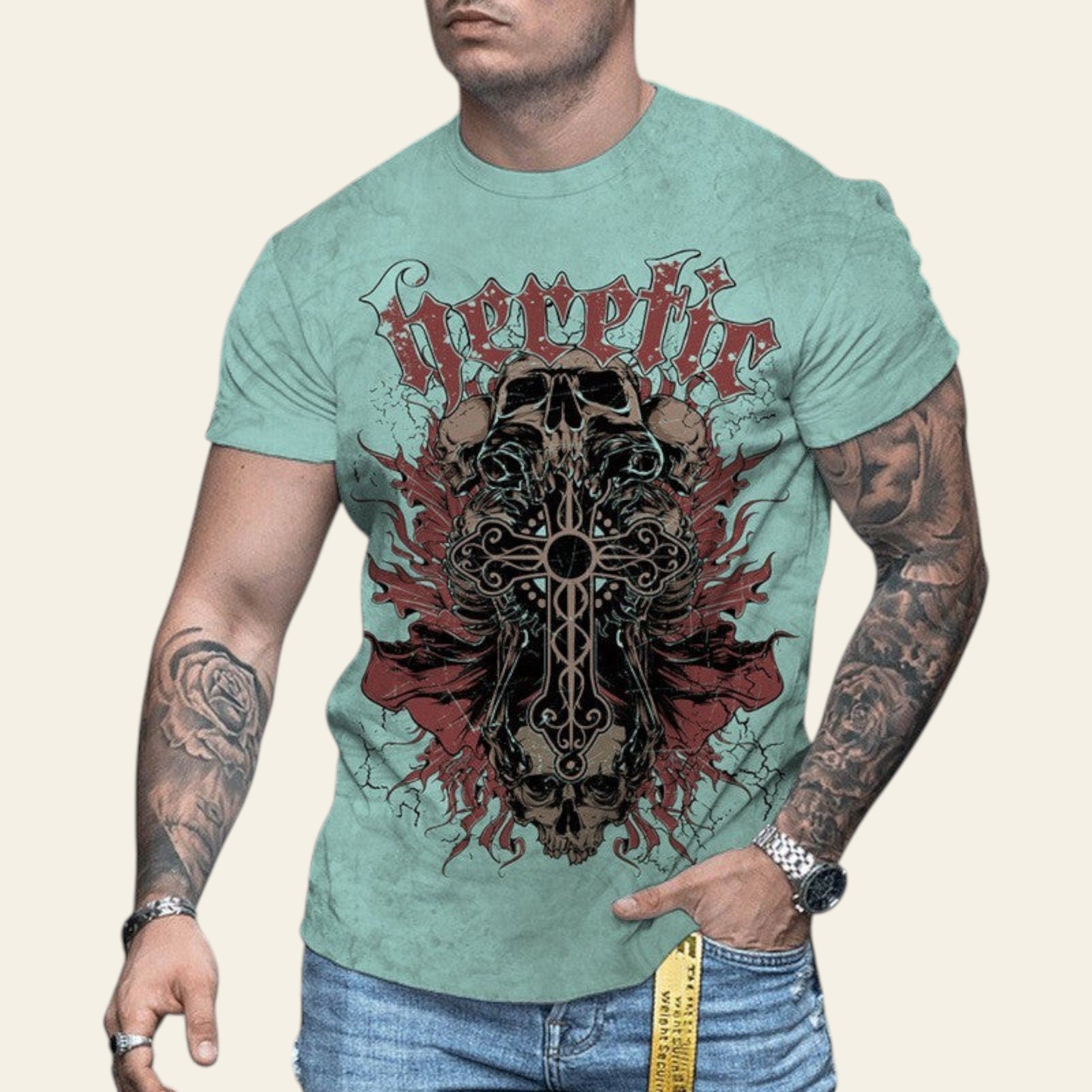 Man wearing a green t-shirt with a graphic design on a street background