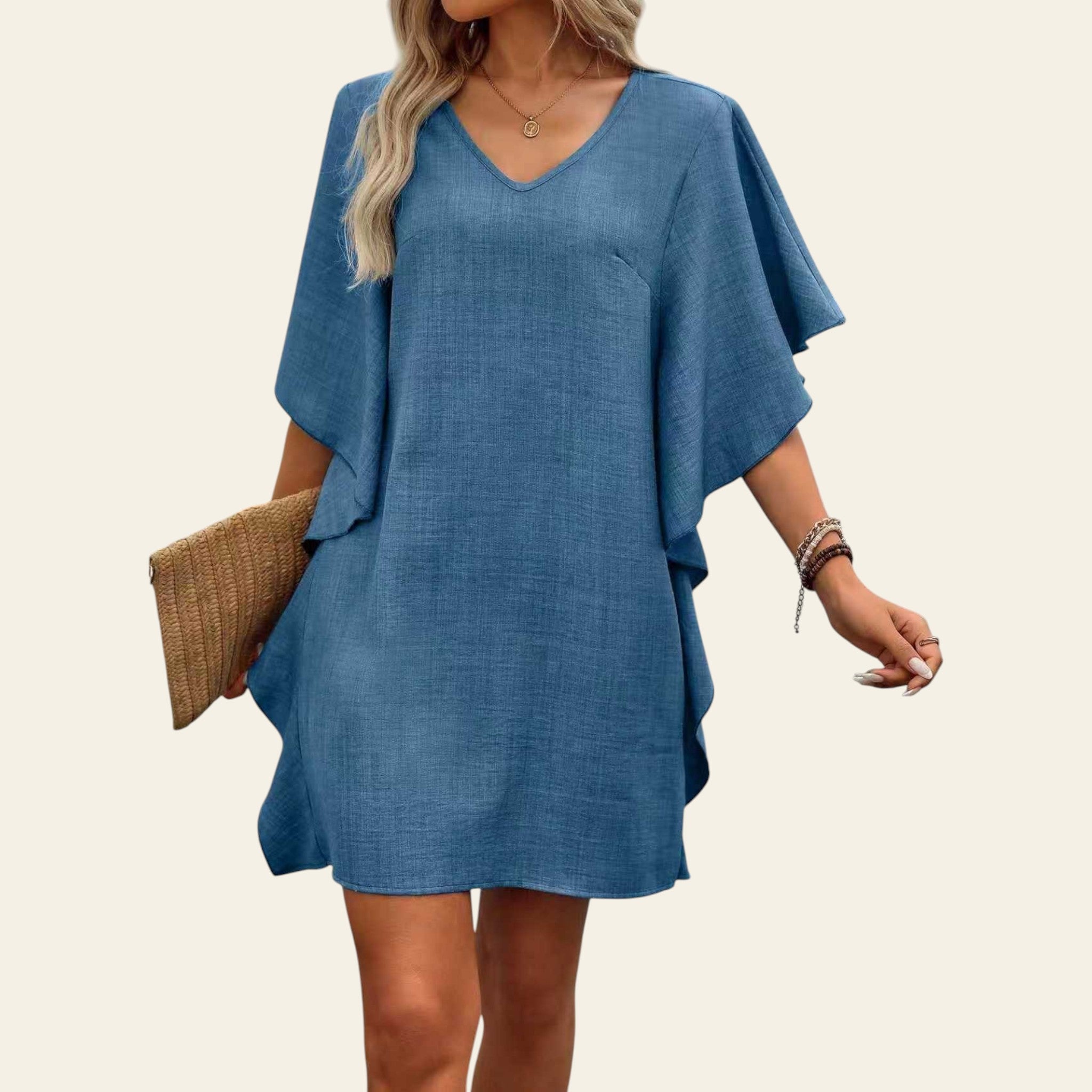 Women's blue loose-fit V-neck casual dress